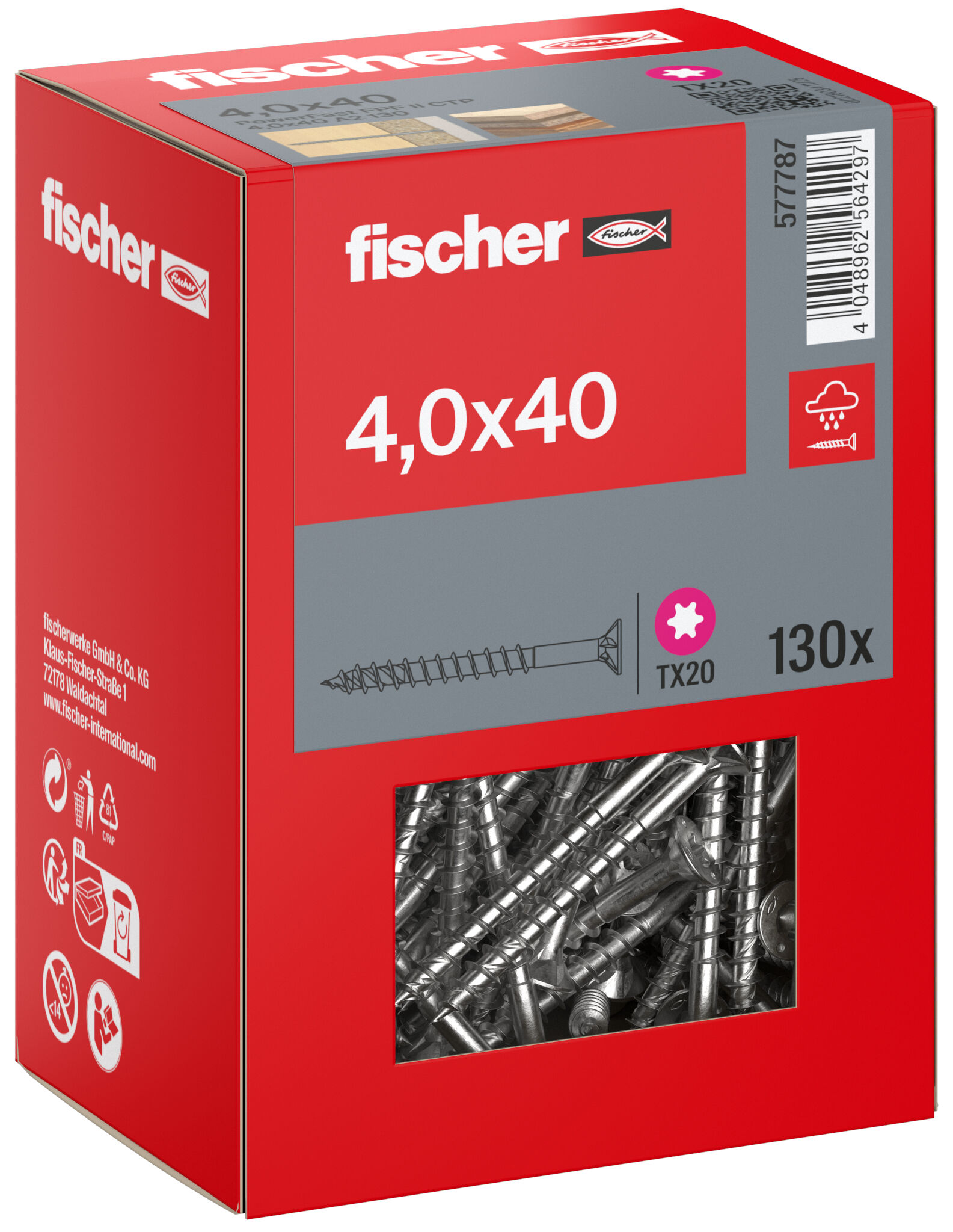 Packaging: "fischer chipboard screw PowerFast FPF II CTP 4.0 x 40 A2 130, countersunk head, TX drive, part thread, stainless steel A2"