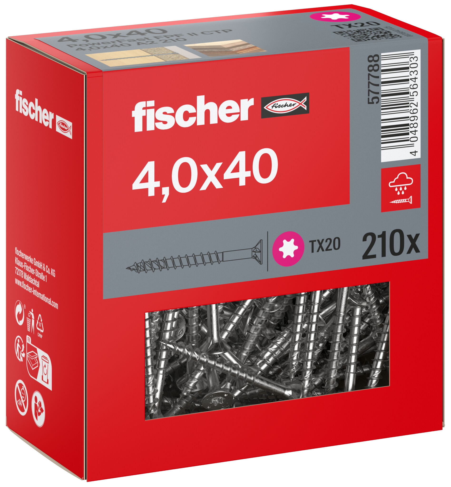 Packaging: "fischer chipboard screw PowerFast FPF II CTP 4.0 x 40 A2 210, countersunk head, TX drive, part thread, stainless steel A2"