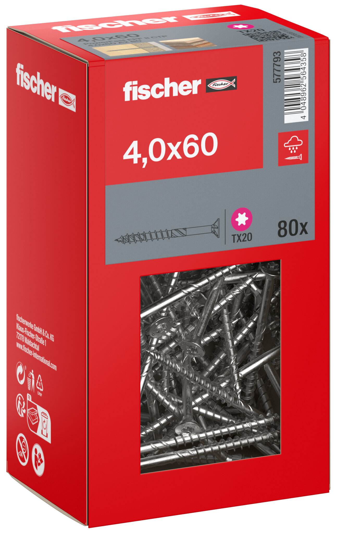 Packaging: "fischer chipboard screw PowerFast FPF II CTP 4.0 x 60 A2 80, countersunk head, TX drive, part thread, stainless steel A2"