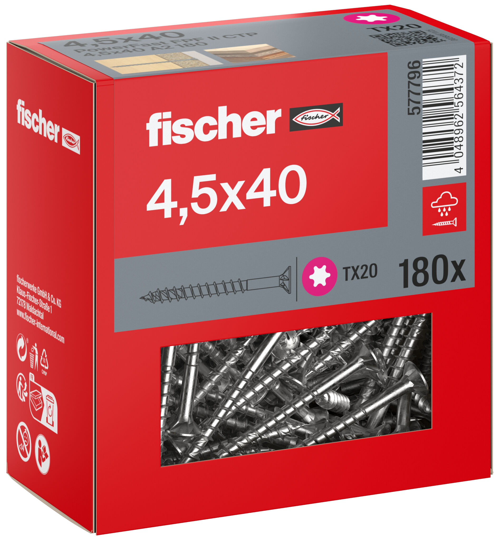 Packaging: "fischer chipboard screw PowerFast FPF II CTP 4.5 x 40 A2 180, countersunk head, TX drive, part thread, stainless steel A2"