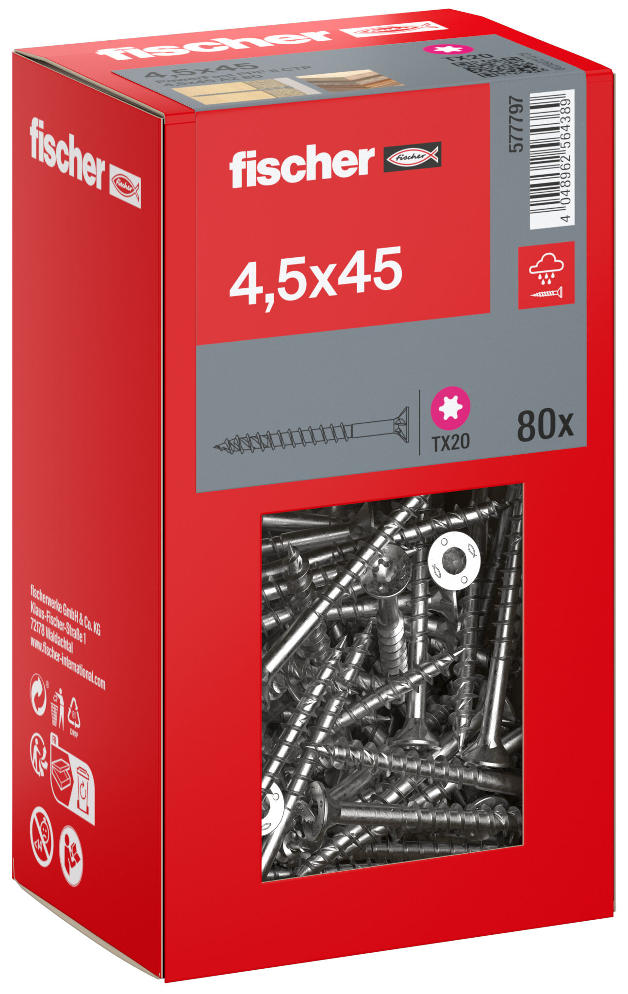Packaging: "fischer chipboard screw PowerFast FPF II CTP 4.5 x 45 A2 80, countersunk head, TX drive, part thread, stainless steel A2"