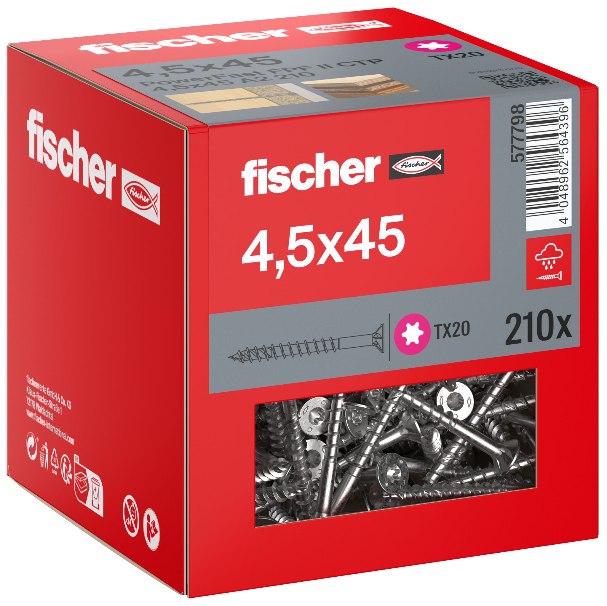 Packaging: "fischer chipboard screw PowerFast FPF II CTP 4.5 x 45 A2 210, countersunk head, TX drive, part thread, stainless steel A2"