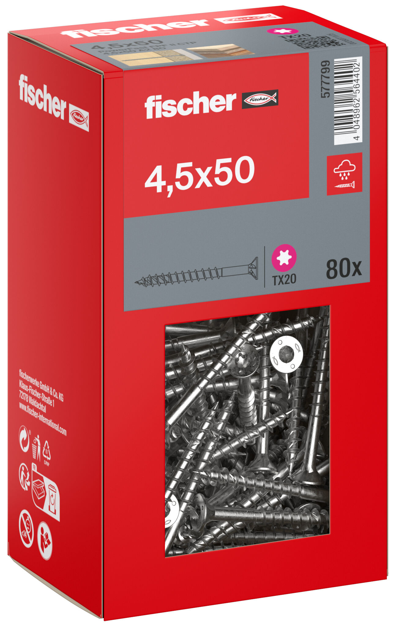 Packaging: "fischer chipboard screw PowerFast FPF II CTP 4.5 x 50 A2 80, countersunk head, TX drive, part thread, stainless steel A2"