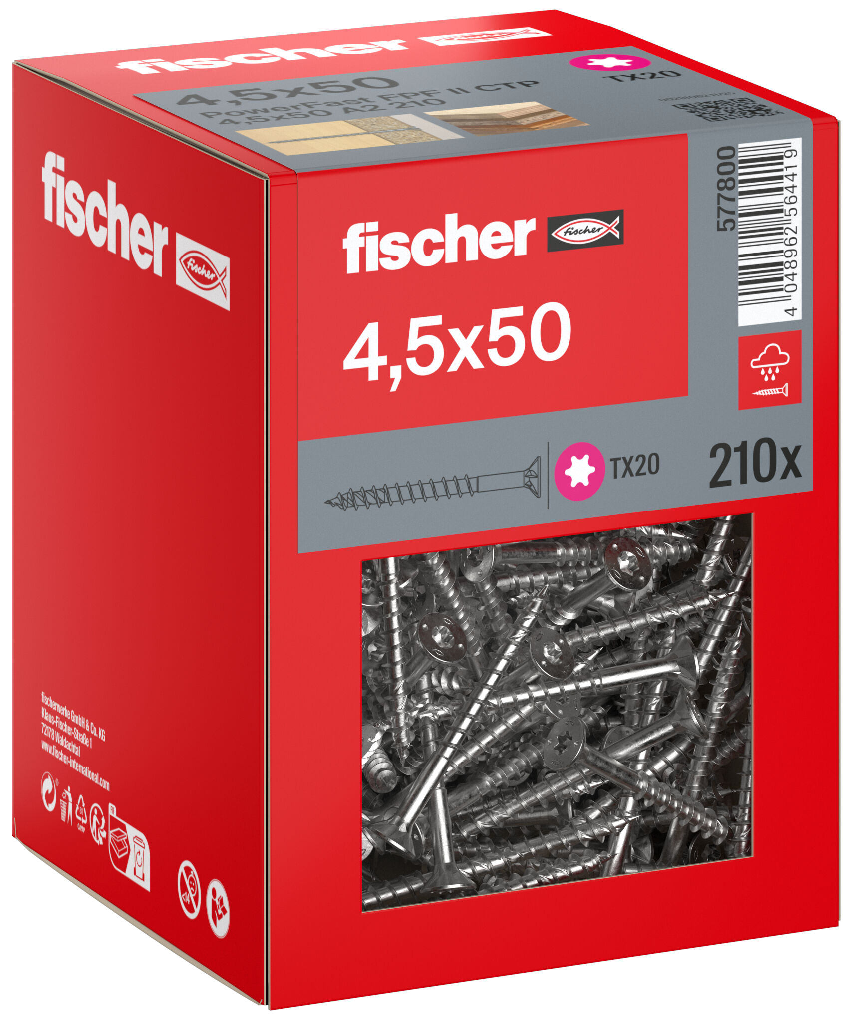 Packaging: "fischer chipboard screw PowerFast FPF II CTP 4.5 x 50 A2 210, countersunk head, TX drive, part thread, stainless steel A2"