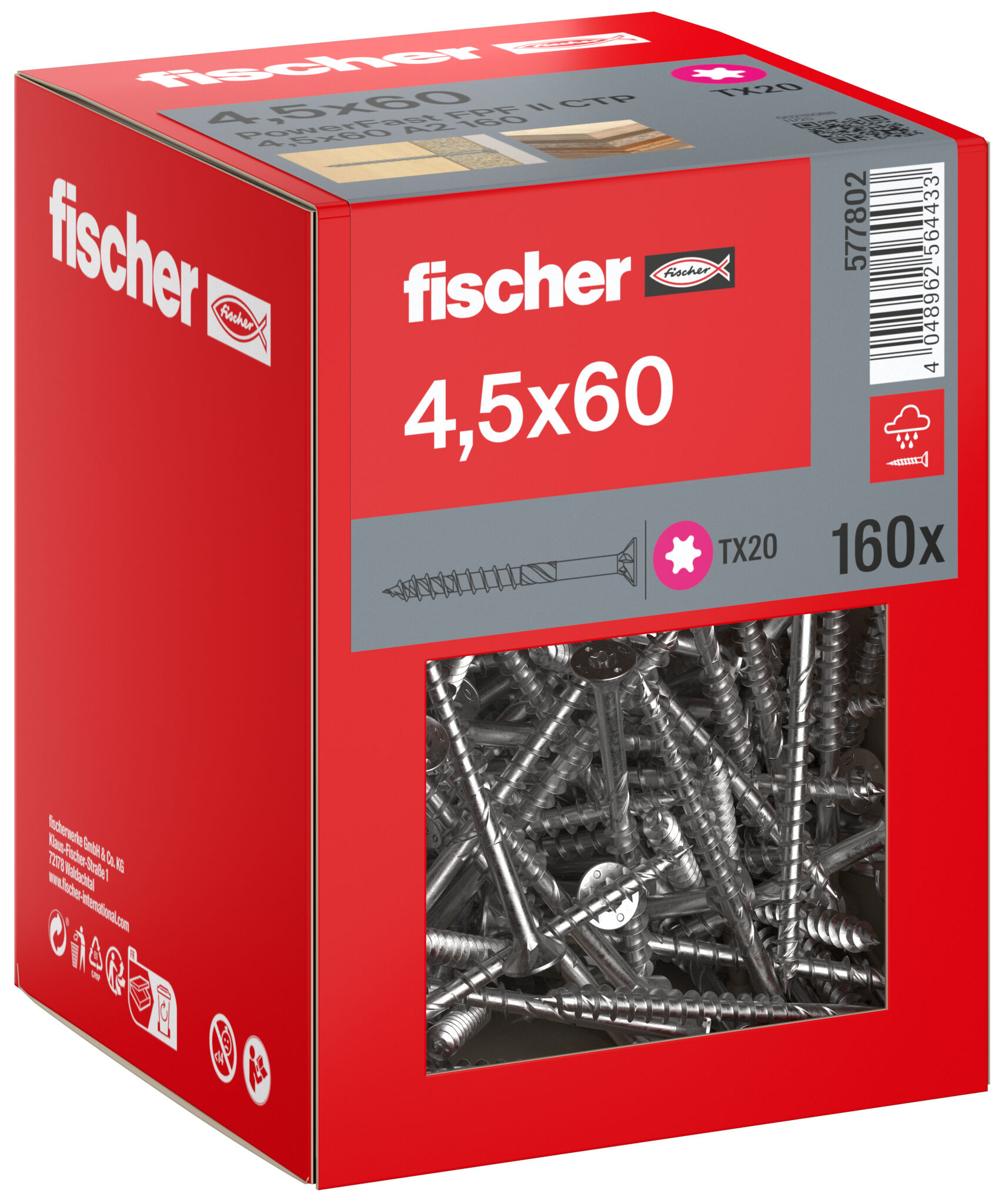 Packaging: "fischer chipboard screw PowerFast FPF II CTP 4.5 x 60 A2 160, countersunk head, TX drive, part thread, stainless steel A2"