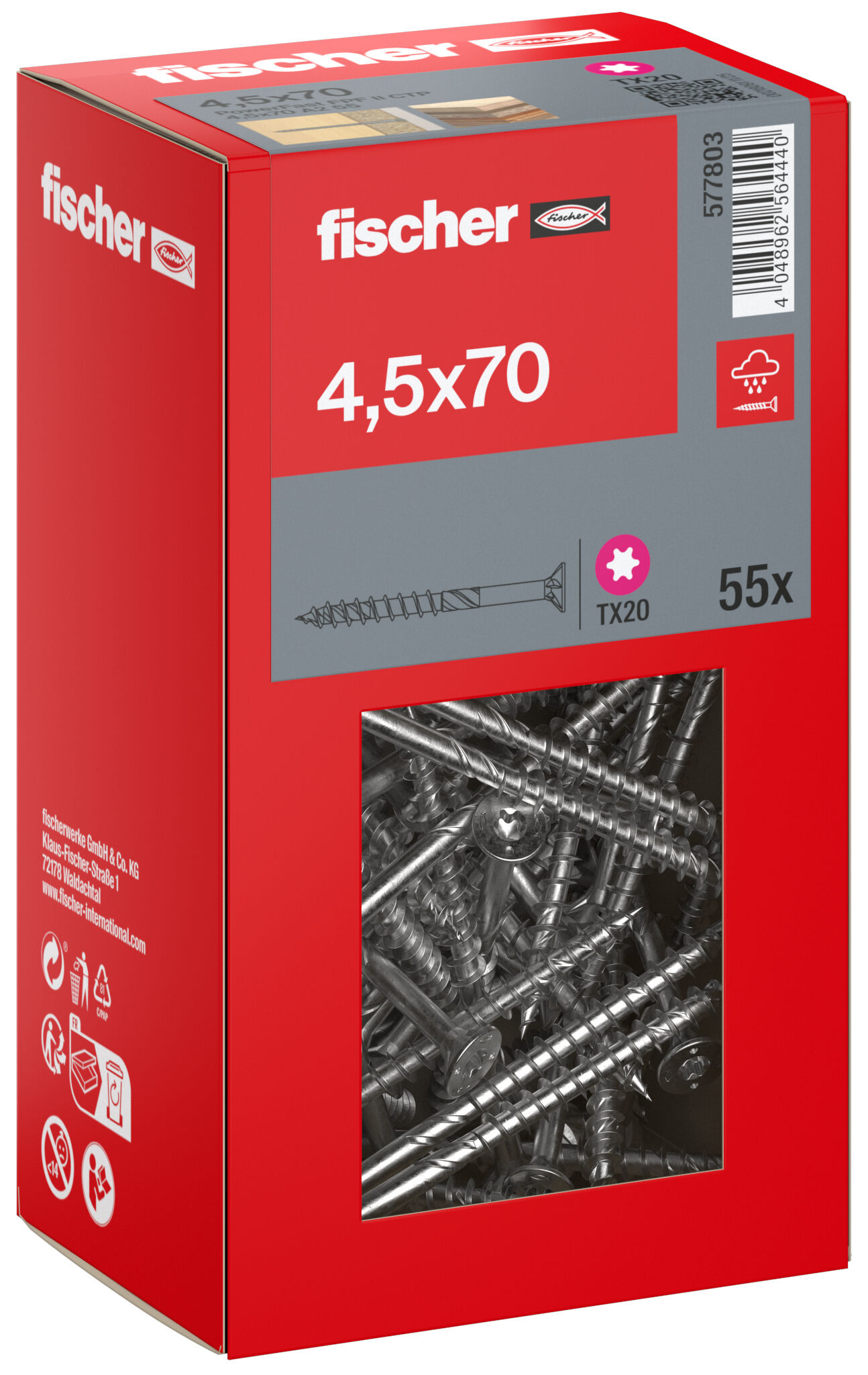 Packaging: "fischer chipboard screw PowerFast FPF II CTP 4.5 x 70 A2 55, countersunk head, TX drive, part thread, stainless steel A2"