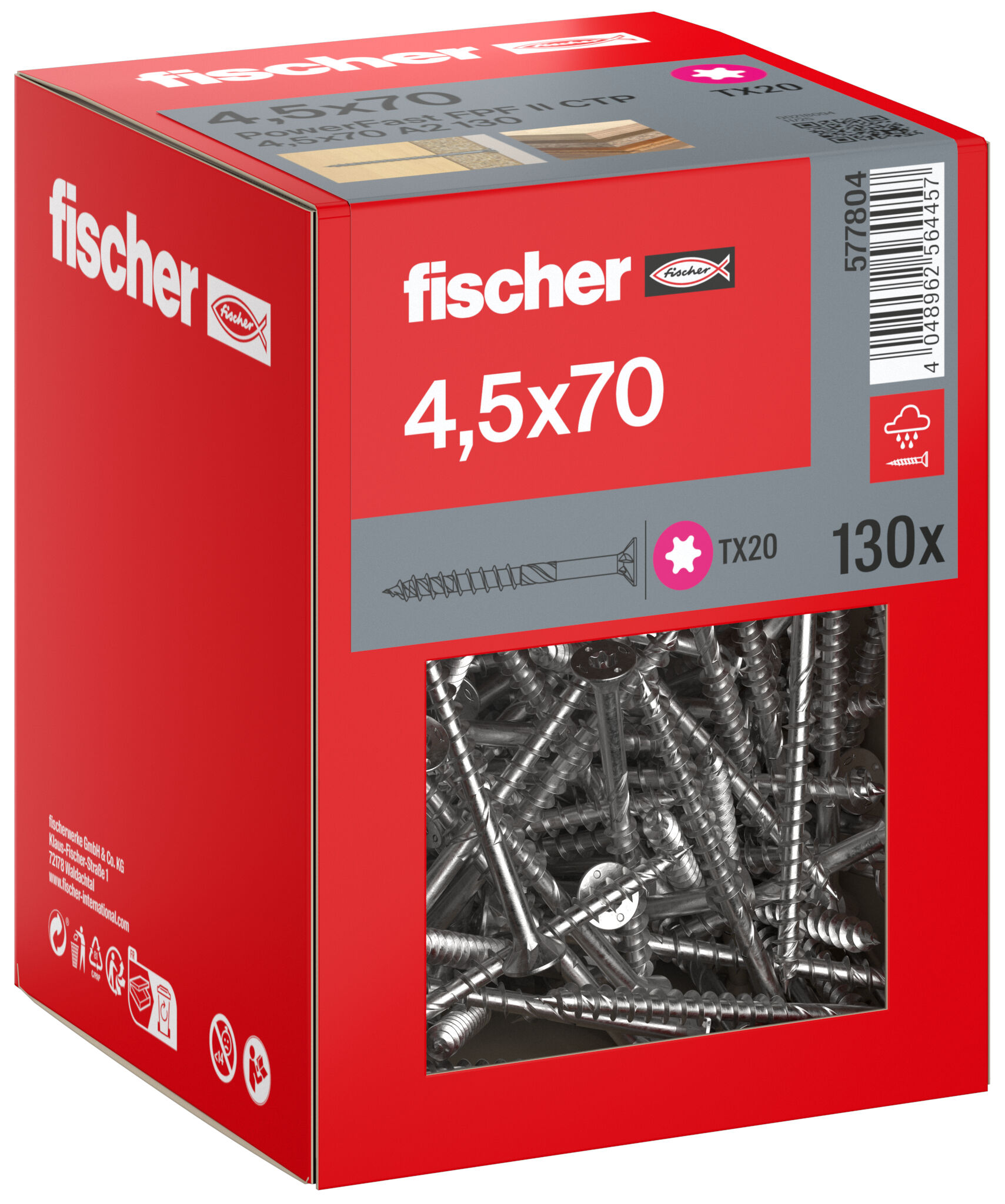 Packaging: "fischer chipboard screw PowerFast FPF II CTP 4.5 x 70 A2 130, countersunk head, TX drive, part thread, stainless steel A2"