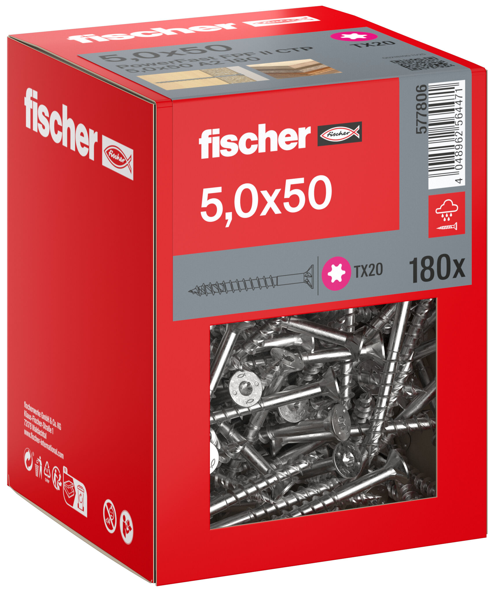 Packaging: "fischer chipboard screw PowerFast FPF II CTP 5.0 x 50 A2 180, countersunk head, TX drive, part thread, stainless steel A2"