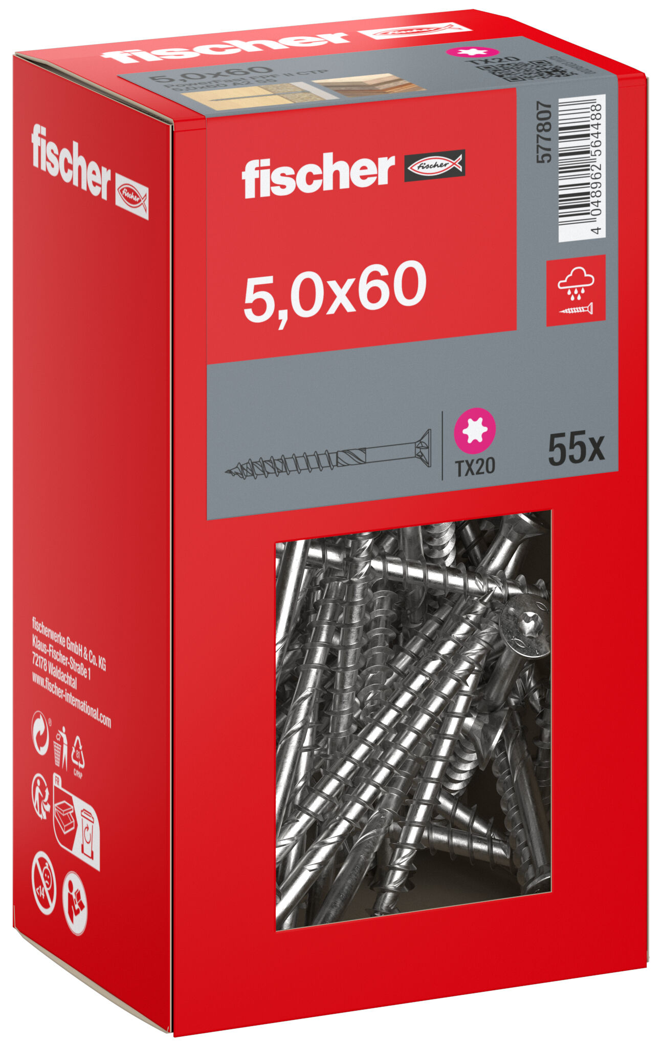 Packaging: "fischer chipboard screw PowerFast FPF II CTP 5.0 x 60 A2 55, countersunk head, TX drive, part thread, stainless steel A2"