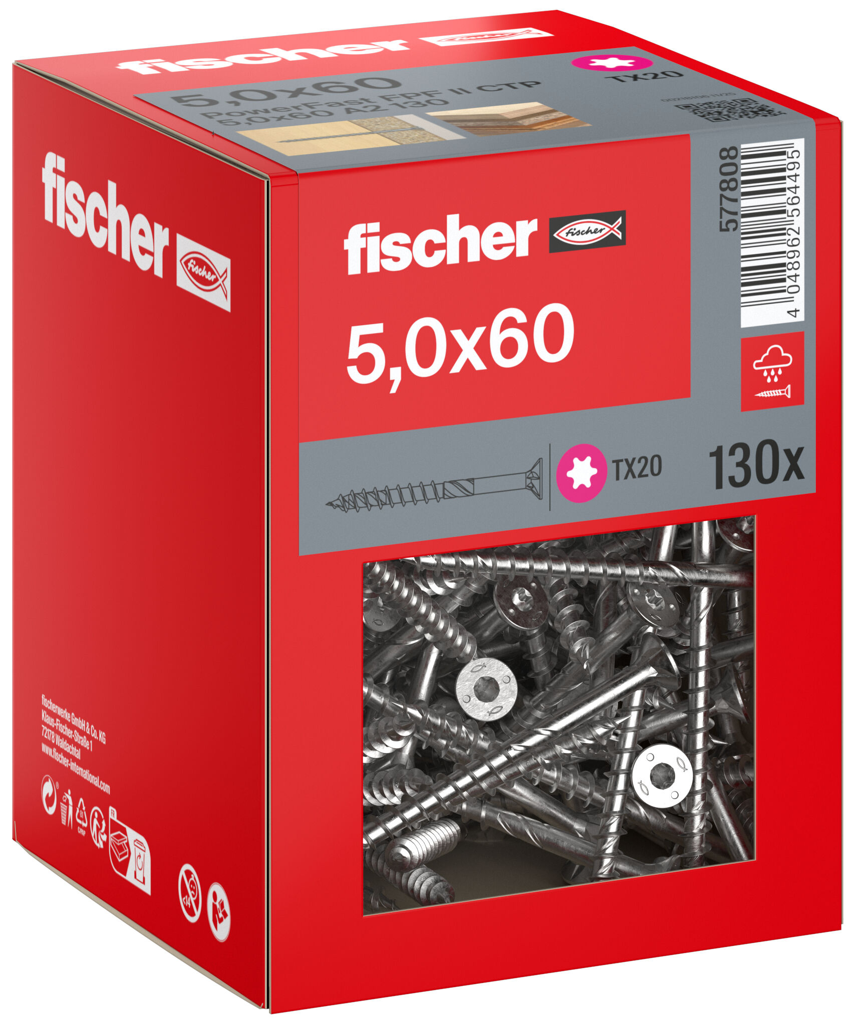 Packaging: "fischer chipboard screw PowerFast FPF II CTP 5.0 x 60 A2 130, countersunk head, TX drive, part thread, stainless steel A2"