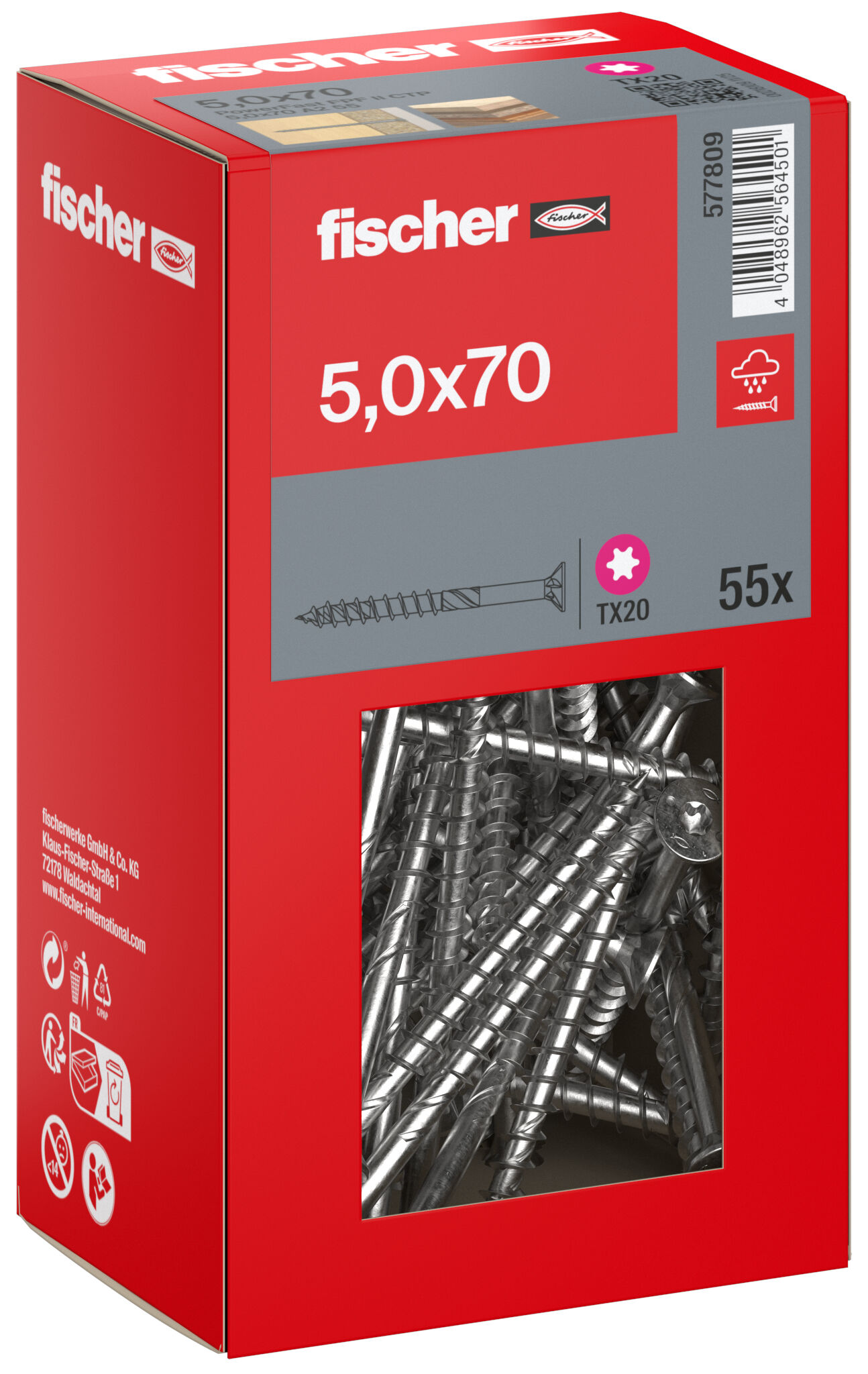 Packaging: "fischer chipboard screw PowerFast FPF II CTP 5.0 x 70 A2 55, countersunk head, TX drive, part thread, stainless steel A2"