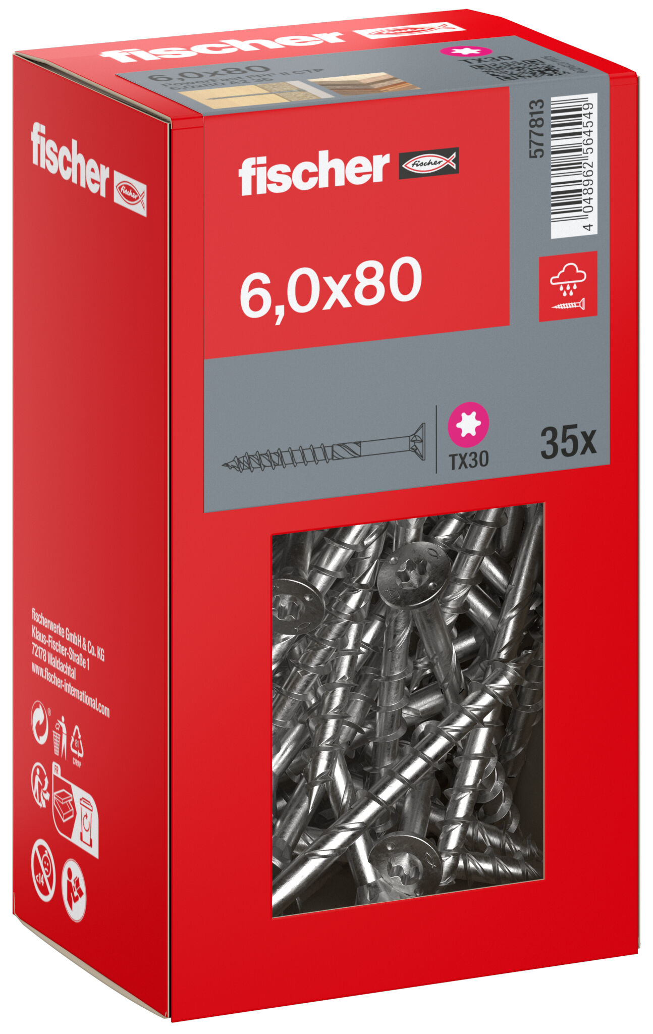 Packaging: "fischer chipboard screw PowerFast FPF II CTP 6.0 x 80 A2 35, countersunk head, TX drive, part thread, stainless steel A2"
