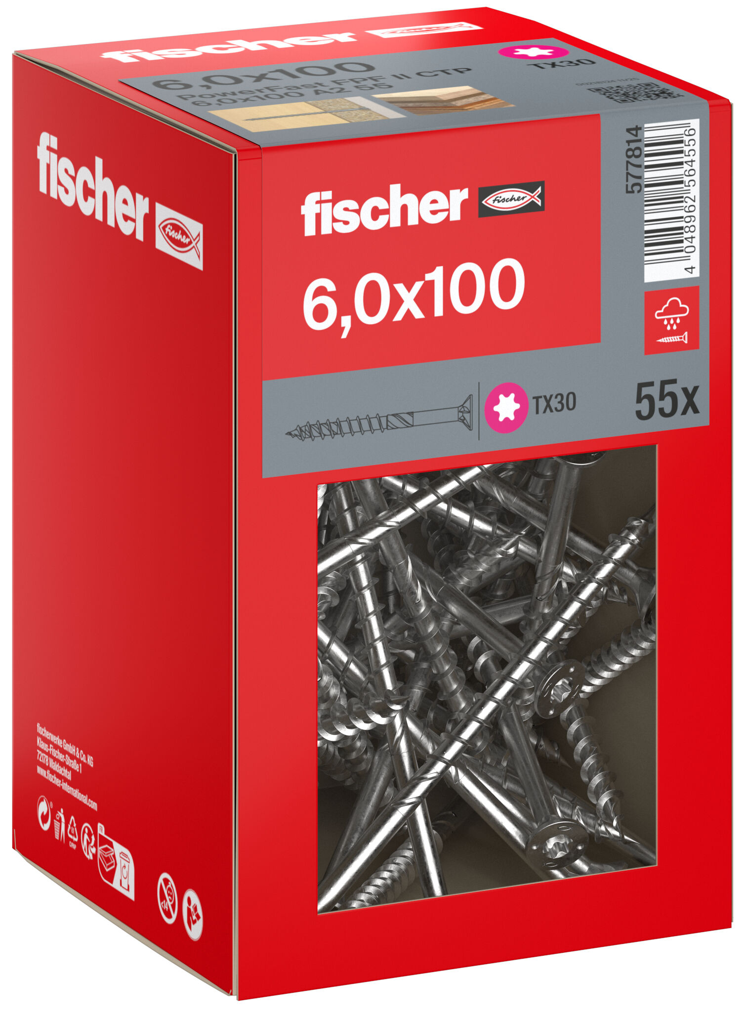 Packaging: "fischer chipboard screw PowerFast FPF II CTP 6.0 x 100 A2 55, countersunk head, TX drive, part thread, stainless steel A2"