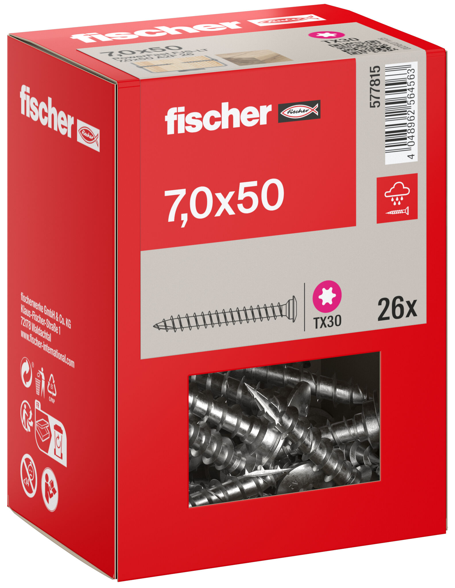Packaging: "fischer Post screw FJS-LT 7.0 x 50 A2, centring wedges, TX drive, full thread, stainless steel A2"