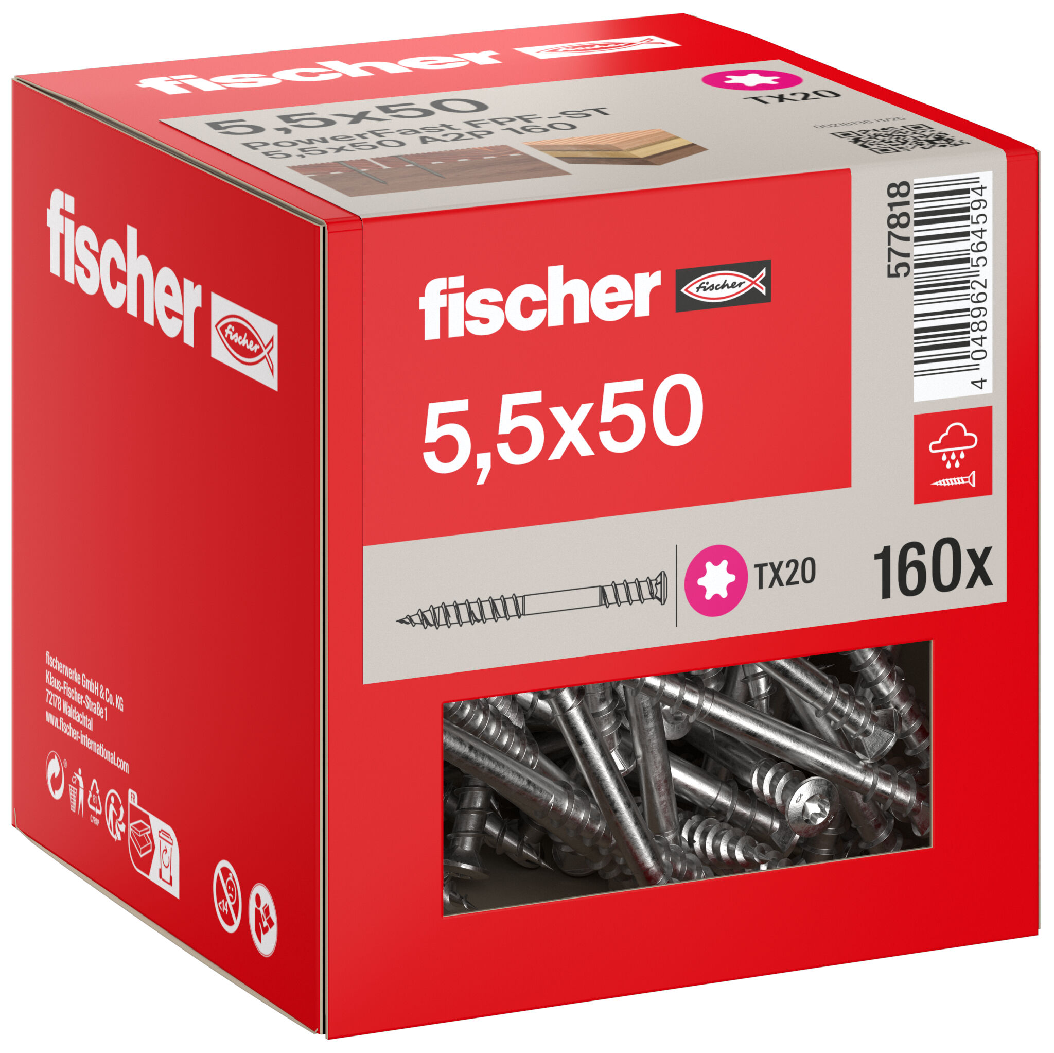 Packaging: "fischer chipboard screw FPF-ST 5.5 x 50 A2P 160, countersunk head, TX drive, part thread, stainless steel A2"