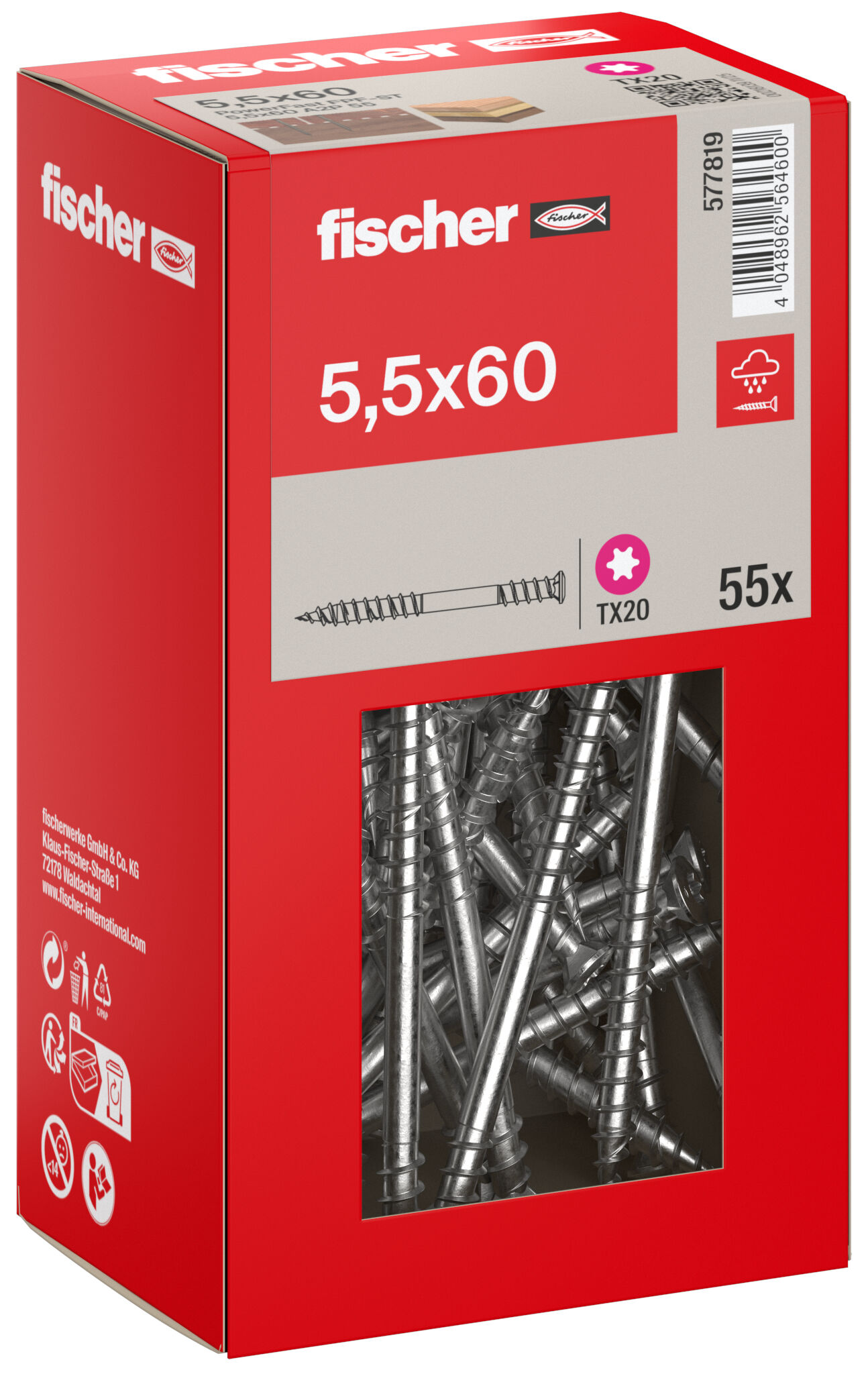 Packaging: "fischer chipboard screw FPF-ST 5.5 x 60 A2P 55, countersunk head, TX drive, part thread, stainless steel A2"