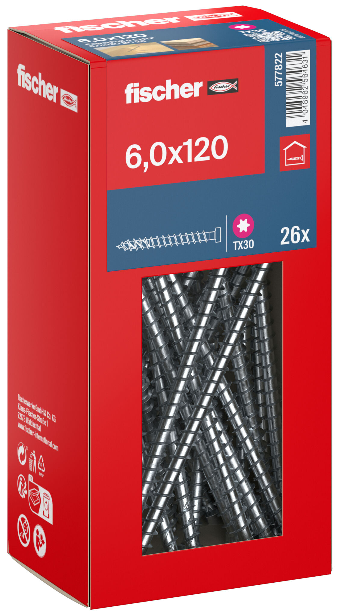 Packaging: "fischer full thread screw PowerFast FPF II CHTF 6.0 x 120 BC 26, cylinder head, TX drive, full thread, blue passivated"