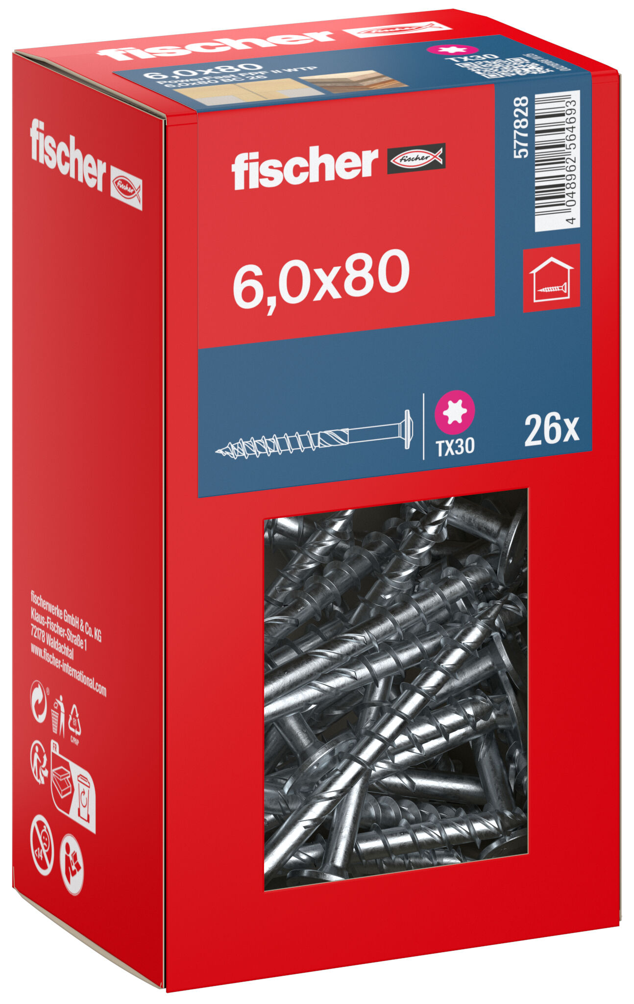 Packaging: "fischer chipboard screw PowerFast FPF II WTP 6.0 x 80 BC 26, flange head, TX drive, part thread, blue passivated"