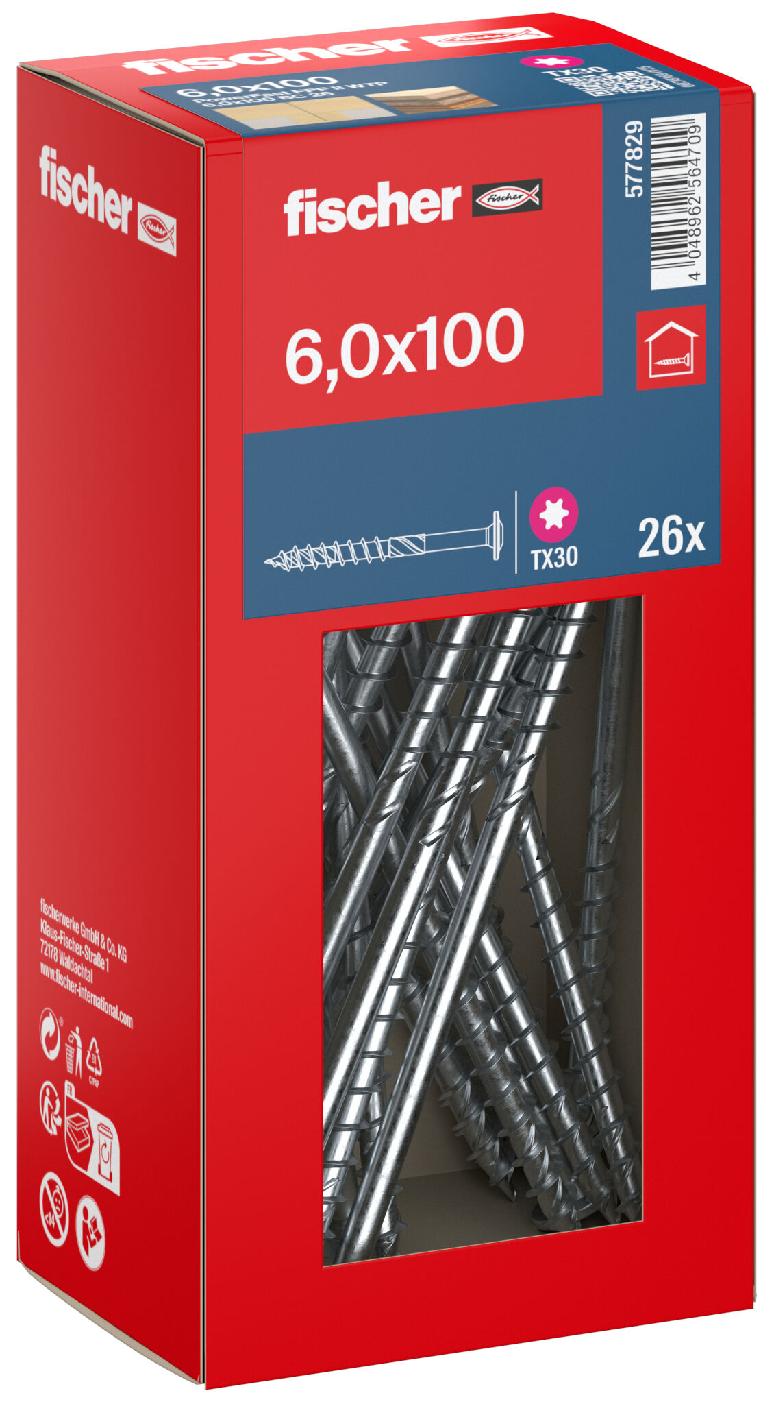 Packaging: "fischer chipboard screw PowerFast FPF II WTP 6.0 x 100 BC 26, flange head, TX drive, part thread, blue passivated"