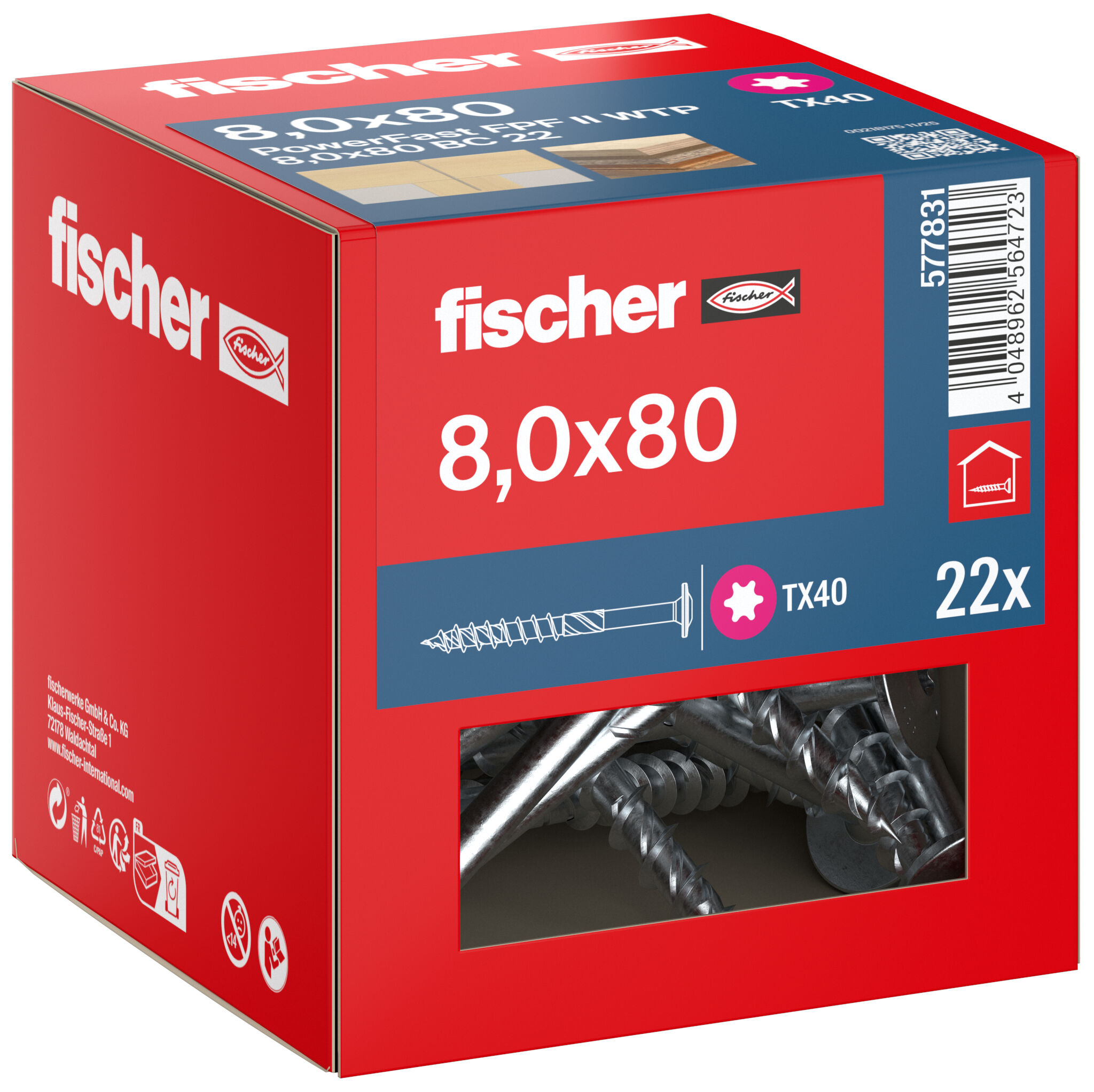 Packaging: "fischer wood construction screw PowerFast FPF II WTP 8.0 x 80 BC 22, flange head, TX drive, part thread, blue zinc plated"