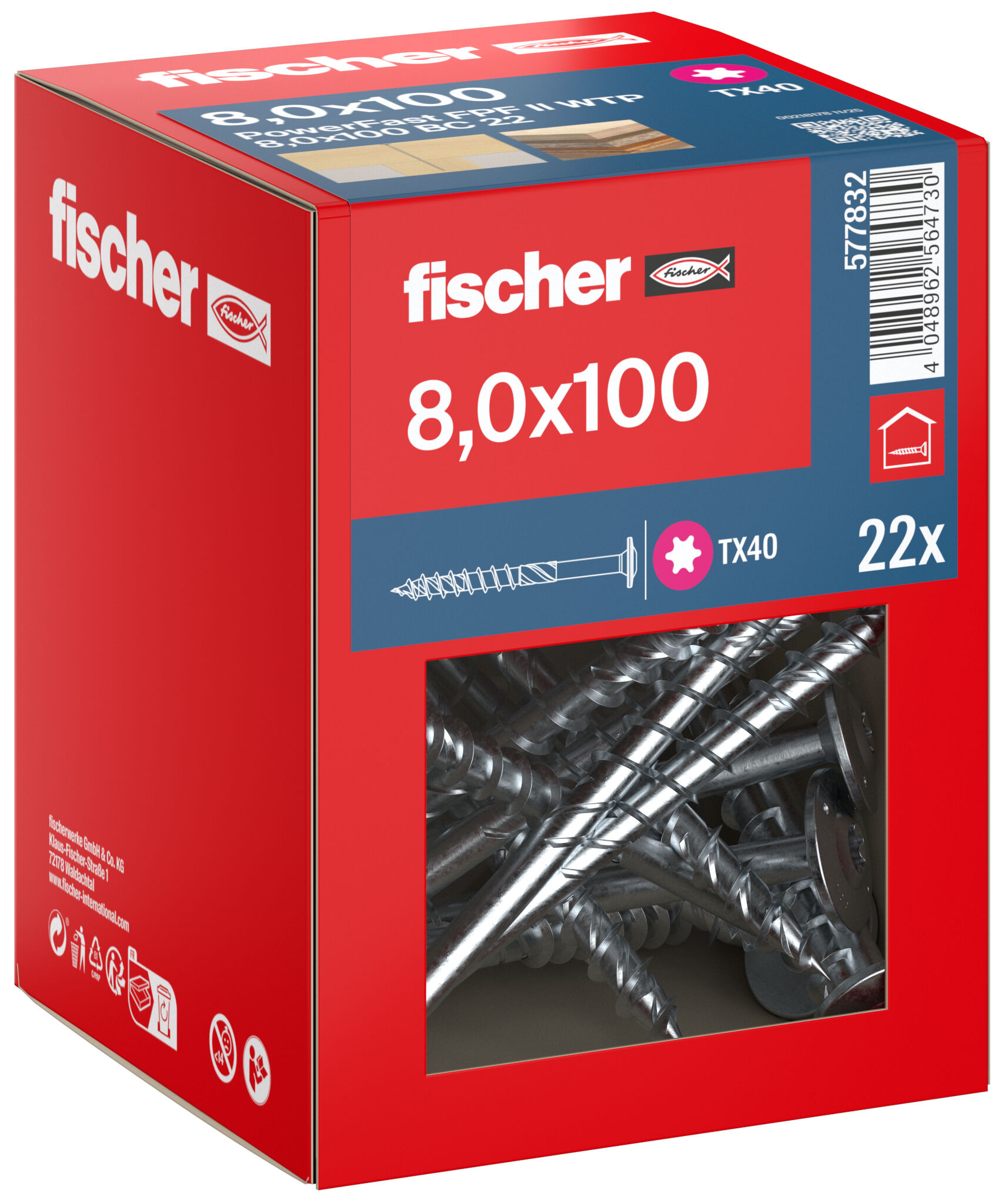 Packaging: "fischer wood construction screw PowerFast FPF II WTP 8.0 x 100 BC 22, flange head, TX drive, part thread, blue zinc plated"