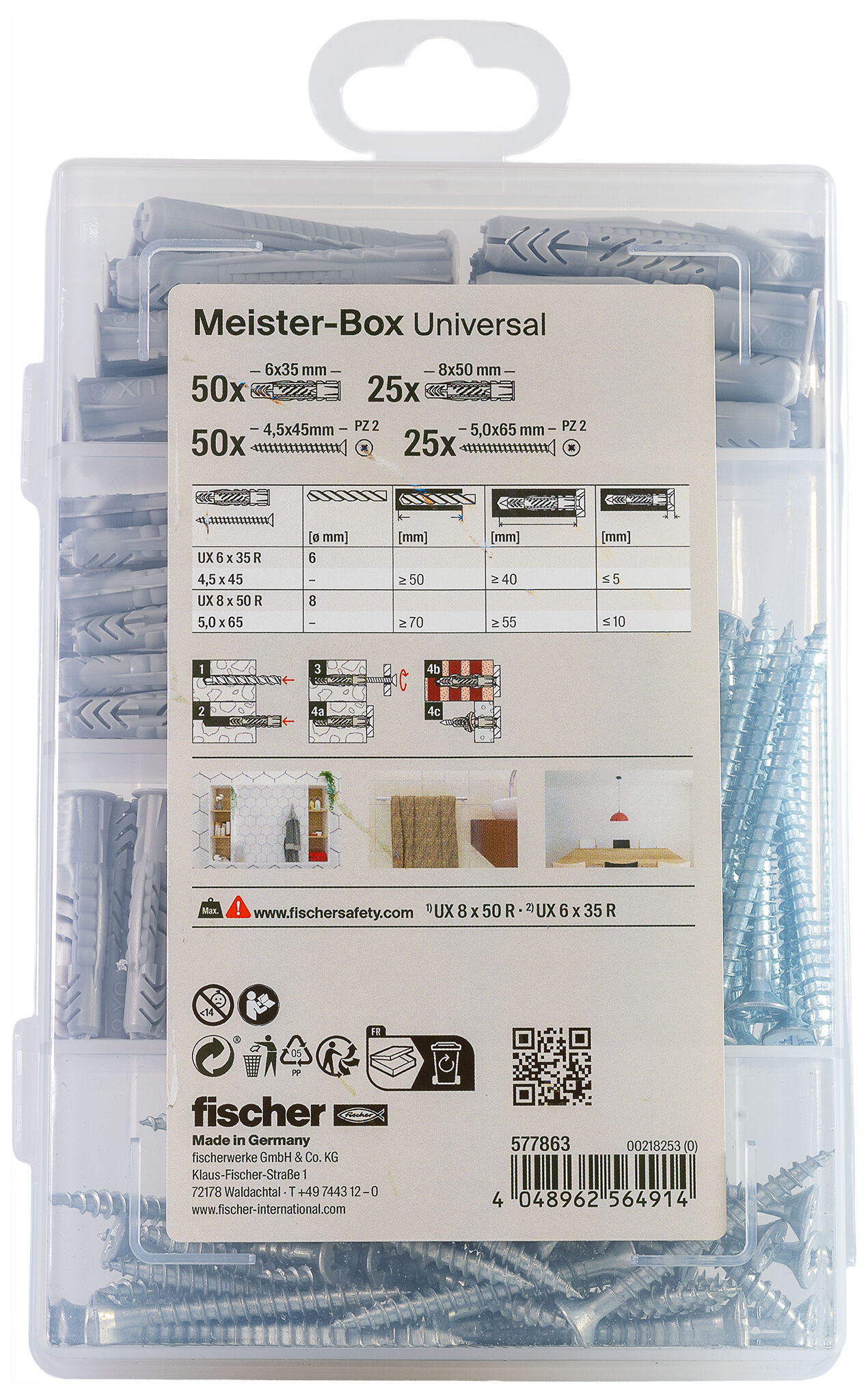 Verpackung: "fischer Meister-Box Universal + Schrauben (150 Teile)"