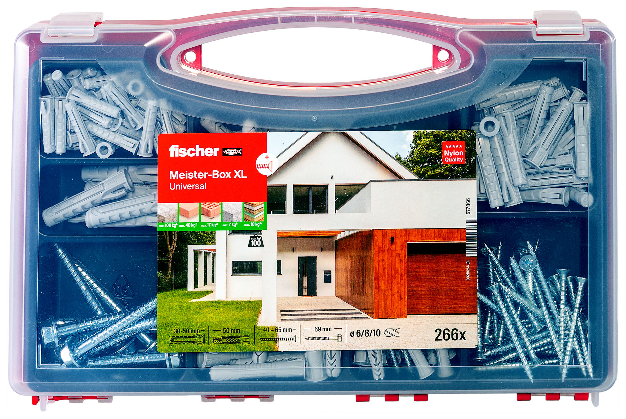 Verpackung: "fischer Meister-Box XL Universal + Schrauben (266 Teile)"