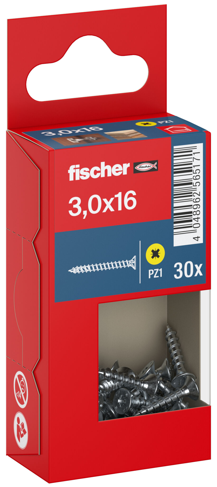 Packaging: "fischer chipboard screw PowerFast FPF II CZF 3.0 x 16 BC 30, countersunk head, cross drive PZ, full thread, blue passivated"