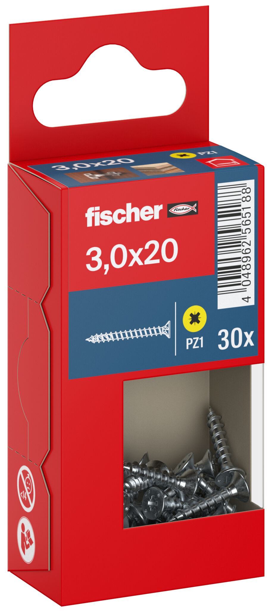 Packaging: "fischer chipboard screw PowerFast FPF II CZF 3.0 x 20 BC 30, countersunk head, cross drive PZ, full thread, blue passivated"
