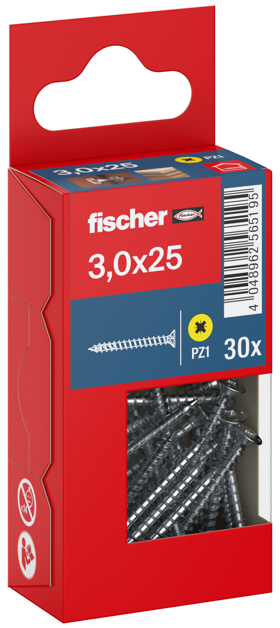 Packaging: "fischer chipboard screw PowerFast FPF II CZF 3.0 x 25 BC 30, countersunk head, cross drive PZ, full thread, blue passivated"