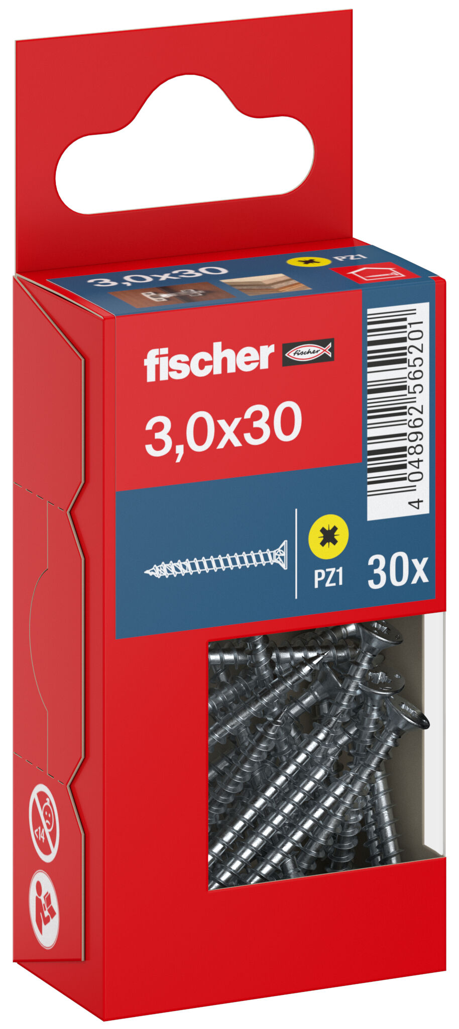 Packaging: "fischer chipboard screw PowerFast FPF II CZF 3.0 x 30 BC 30, countersunk head, cross drive PZ, full thread, blue passivated"
