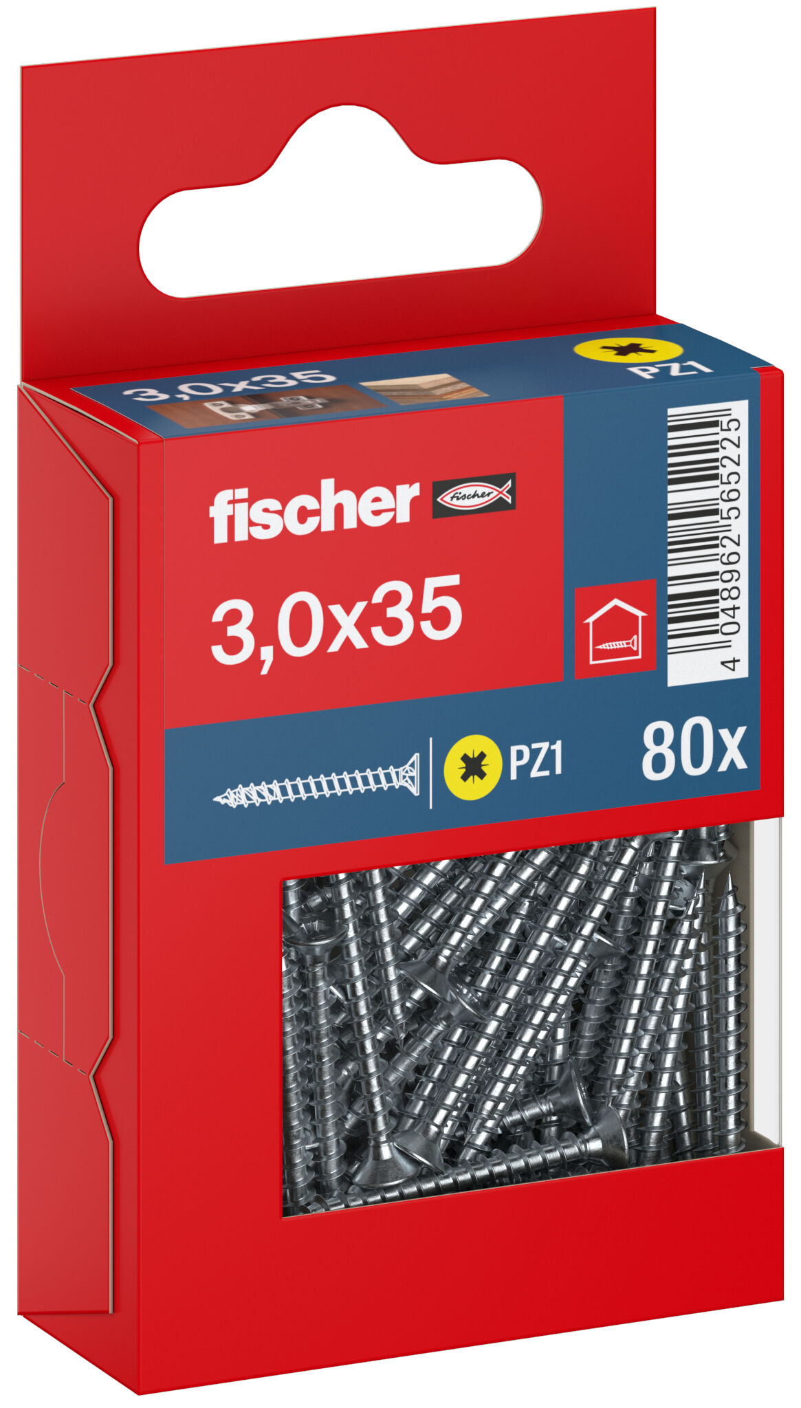 Packaging: "fischer chipboard screw PowerFast FPF II CZF 3.0 x 35 BC 80, countersunk head, cross drive PZ, full thread, blue passivated"