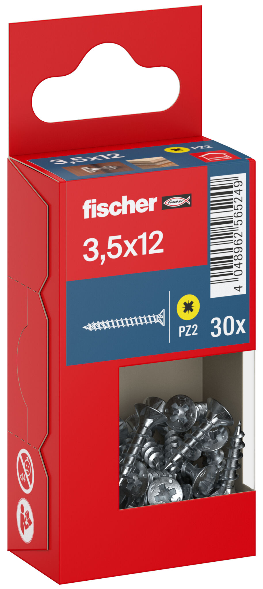 Packaging: "fischer chipboard screw PowerFast FPF II CZF 3.5 x 12 BC 30, countersunk head, cross drive PZ, full thread, blue passivated"