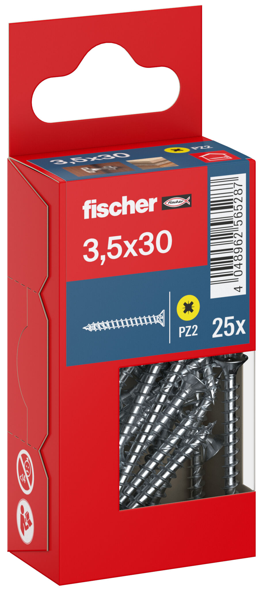Packaging: "fischer chipboard screw PowerFast FPF II CZF 3.5 x 30 BC 25, countersunk head, cross drive PZ, full thread, blue passivated"