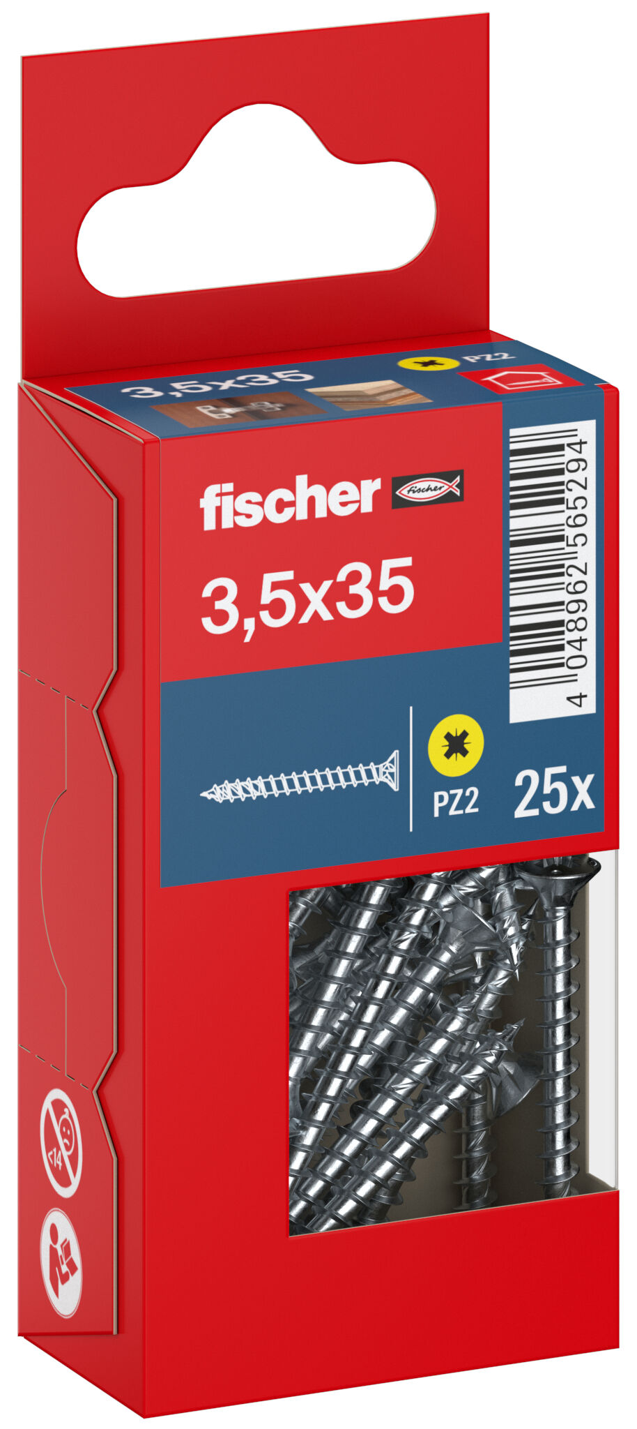 Packaging: "fischer chipboard screw PowerFast FPF II CZF 3.5 x 35 BC 25, countersunk head, cross drive PZ, full thread, blue passivated"