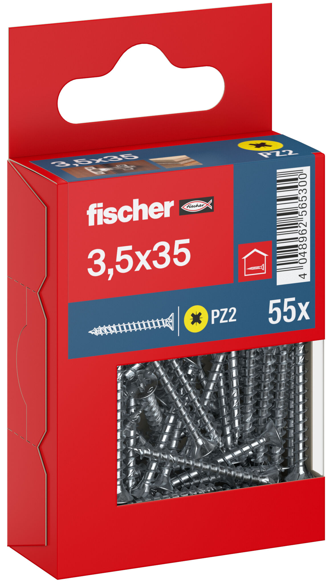 Packaging: "fischer chipboard screw PowerFast FPF II CZF 3.5 x 35 BC 55, countersunk head, cross drive PZ, full thread, blue passivated"