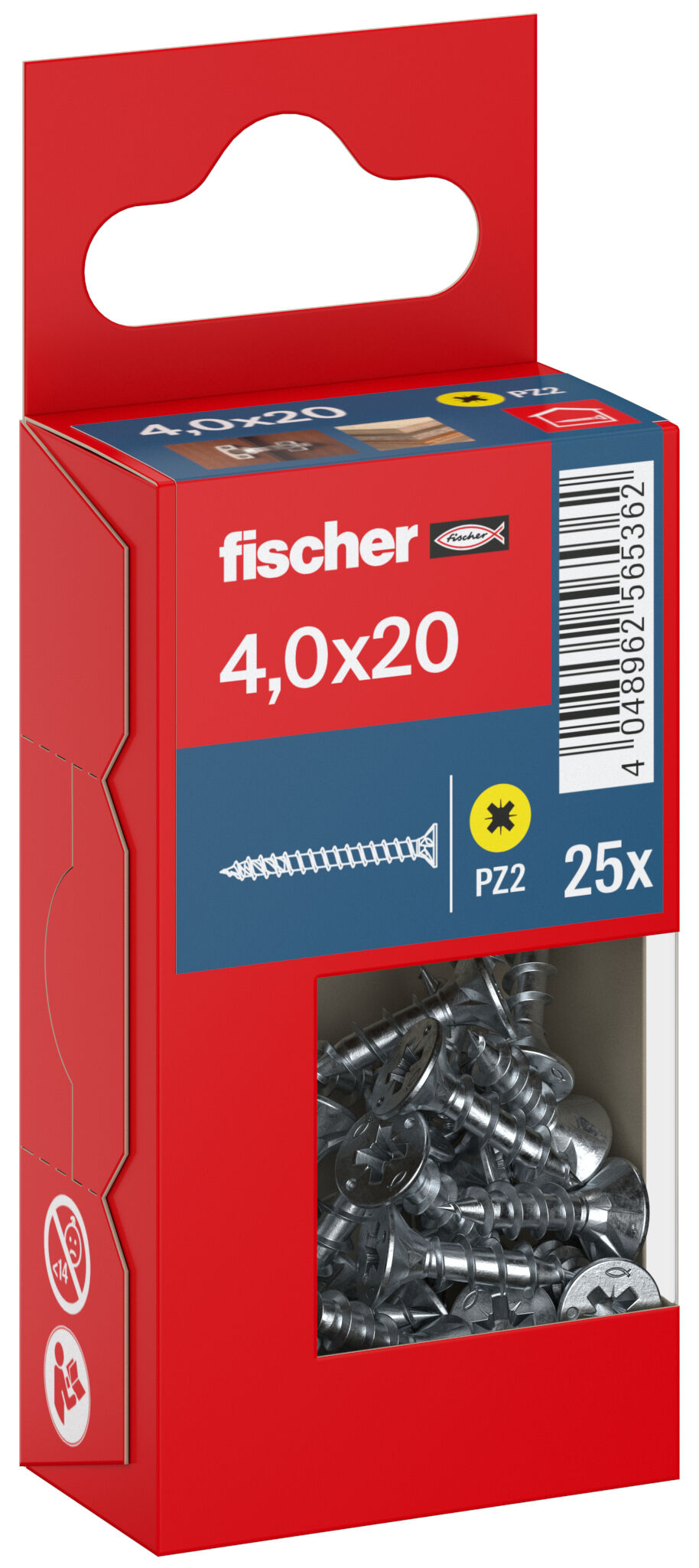 Packaging: "fischer chipboard screw PowerFast FPF II CZF 4.0 x 20 BC 25, countersunk head, cross drive PZ, full thread, blue passivated"