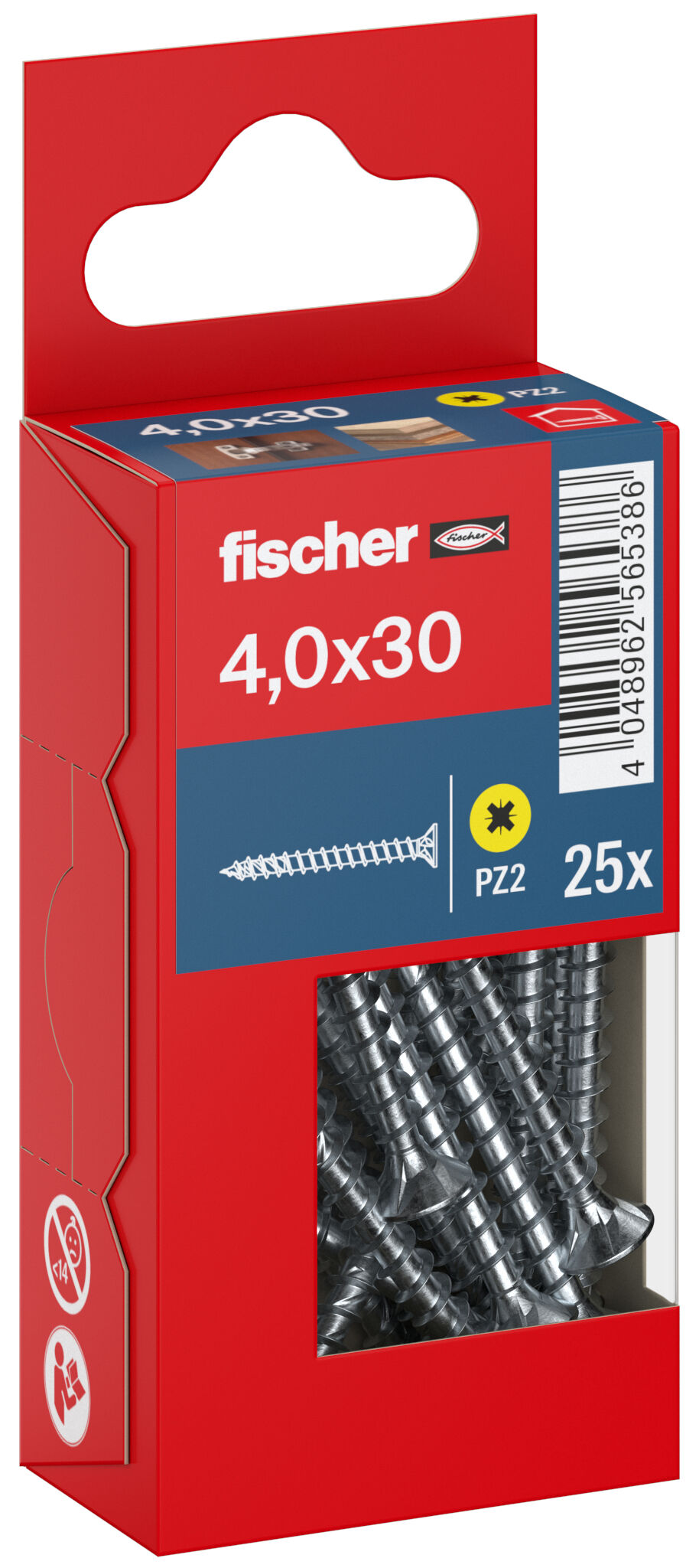Packaging: "fischer chipboard screw PowerFast FPF II CZF 4.0 x 30 BC 25, countersunk head, cross drive PZ, full thread, blue passivated"