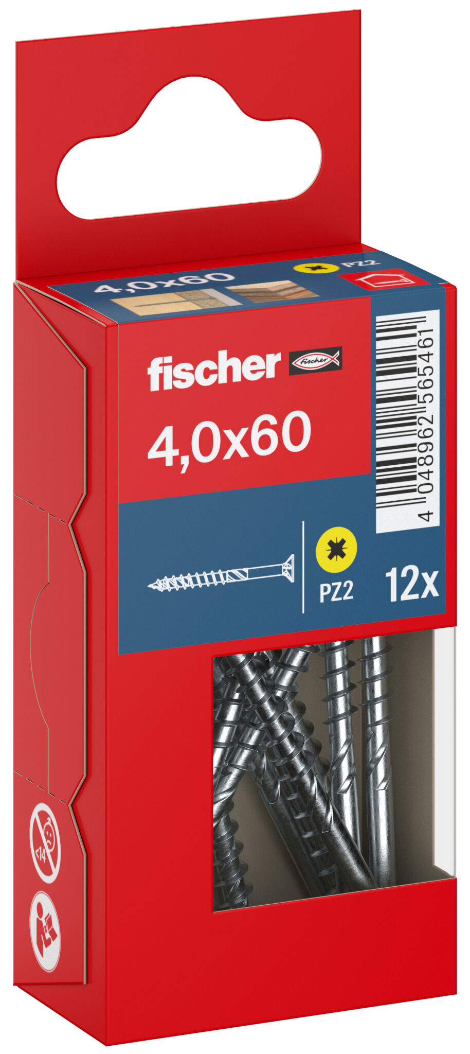 Packaging: "fischer chipboard screw PowerFast FPF II CZP 4.0 x 60 BC 12, countersunk head, cross drive PH, part thread, blue passivated"