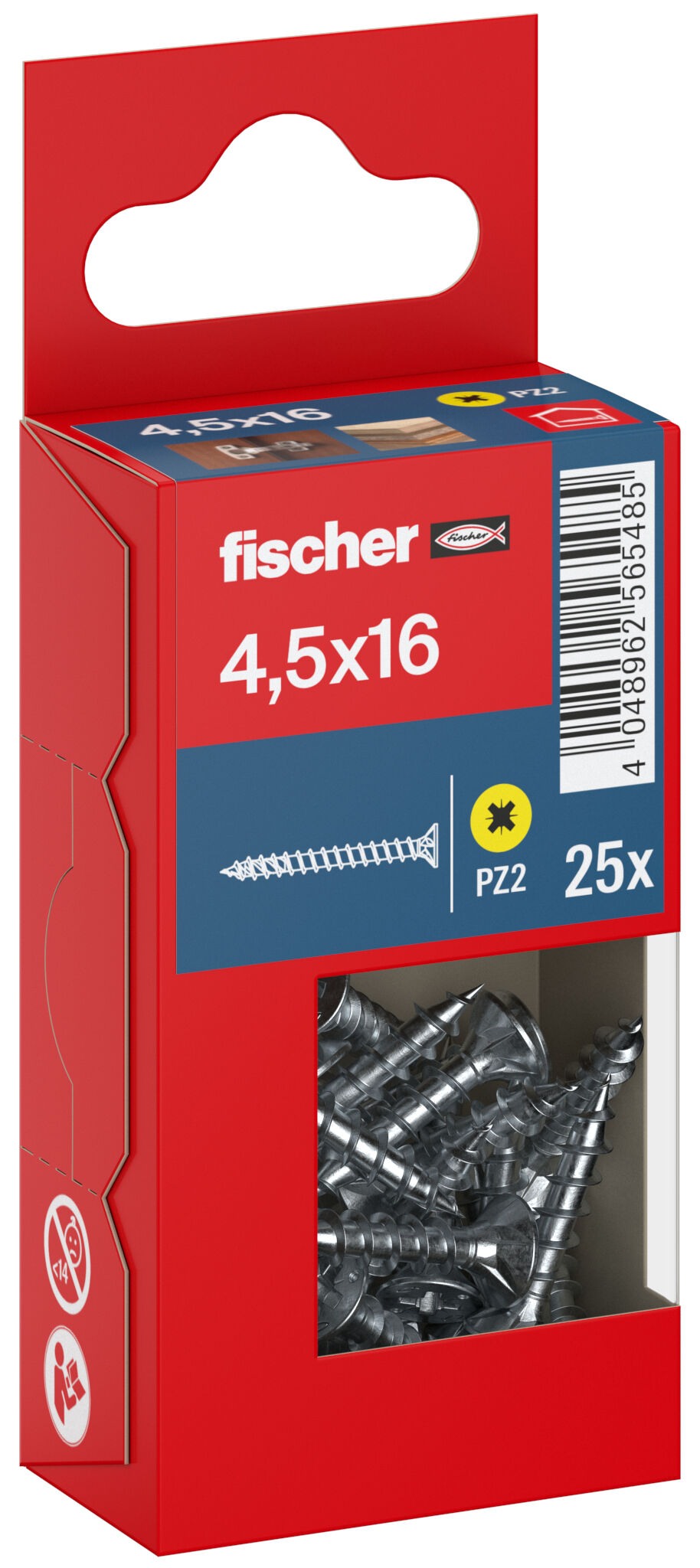 Packaging: "fischer chipboard screw PowerFast FPF II CZF 4.5 x 16 BC 25, countersunk head, cross drive PZ, full thread, blue passivated"