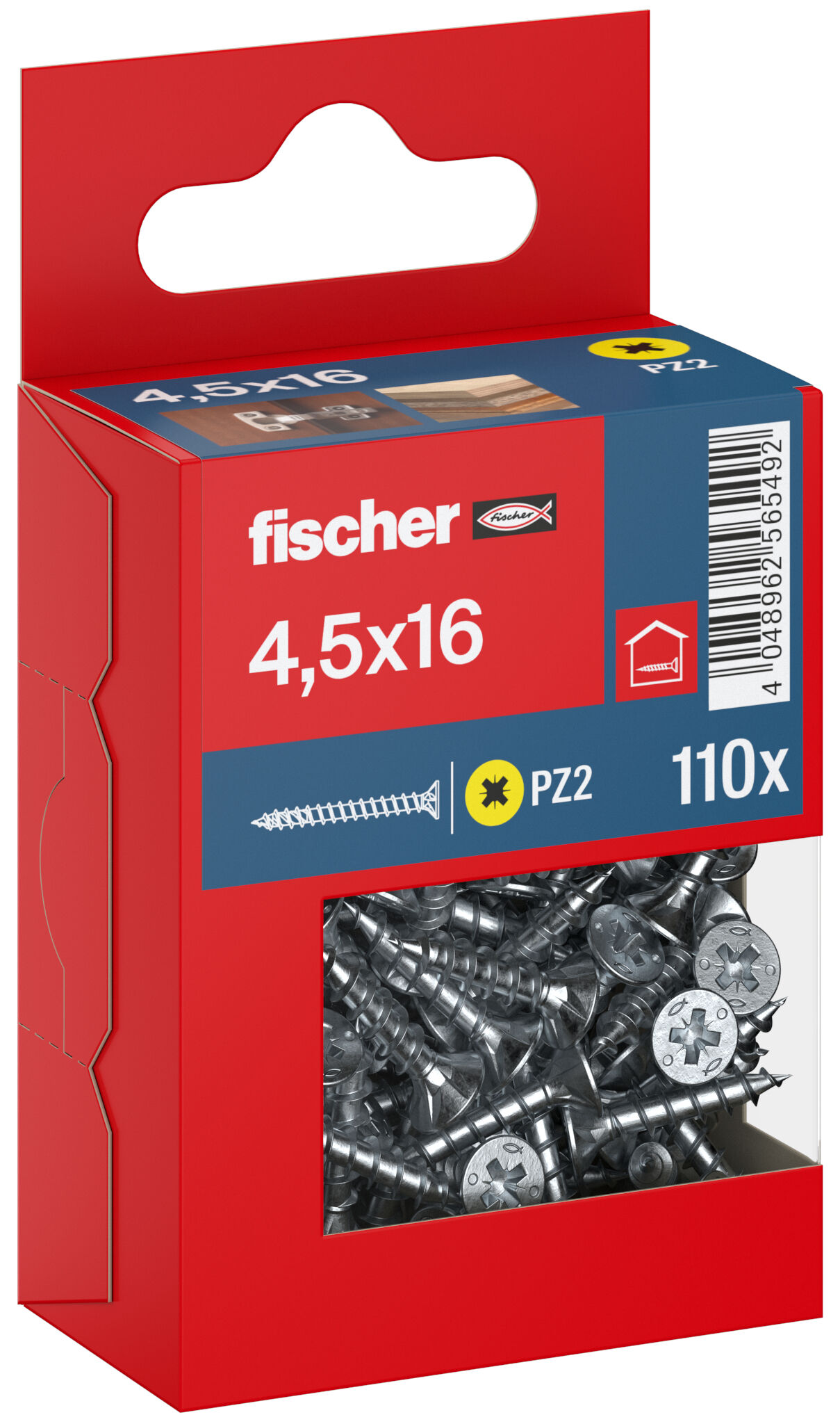 Packaging: "fischer chipboard screw PowerFast FPF II CZF 4.5 x 16 BC 110, countersunk head, cross drive PZ, full thread, blue passivated"