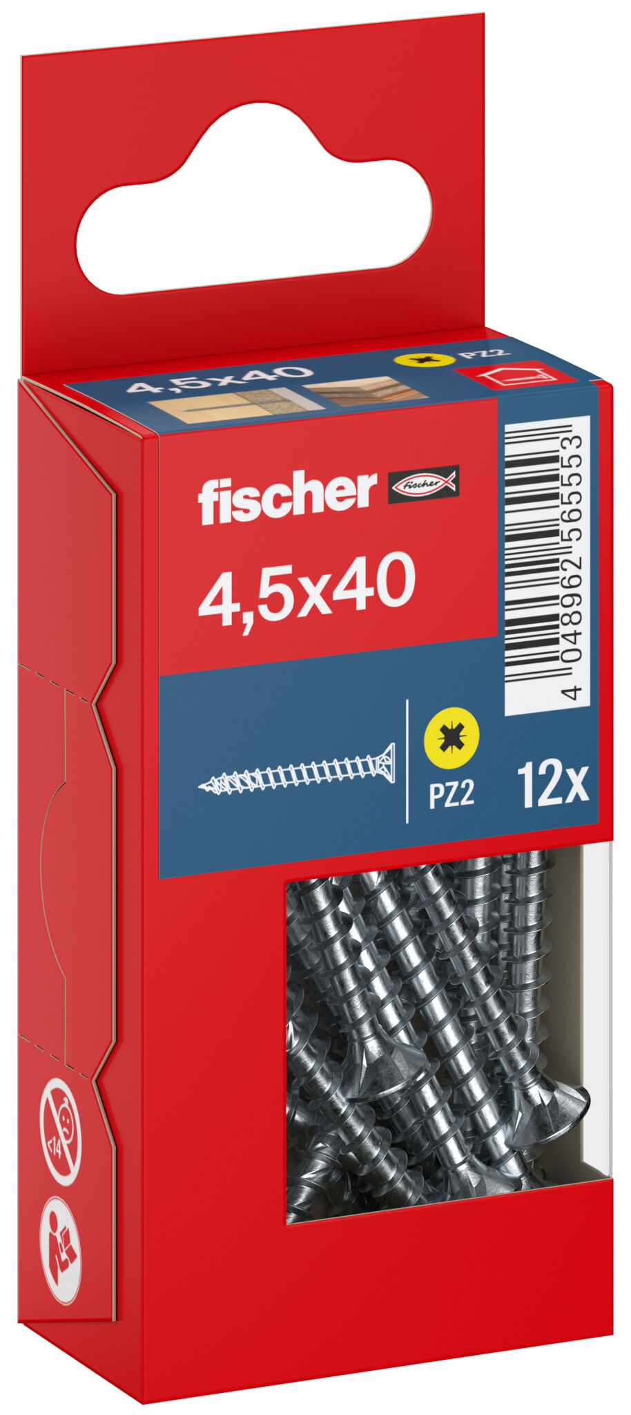 Packaging: "fischer chipboard screw PowerFast FPF II CZF 4.5 x 40 BC 12, countersunk head, cross drive PZ, full thread, blue passivated"