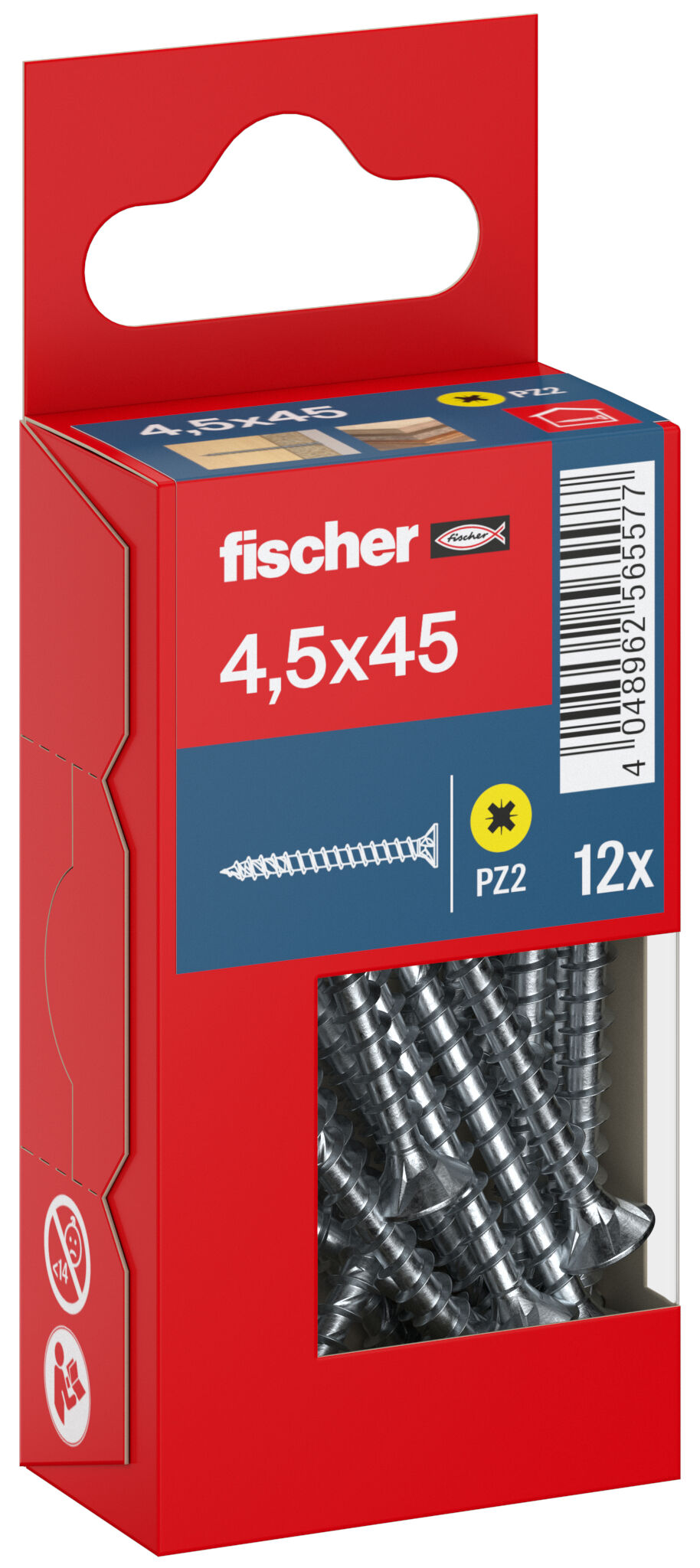 Packaging: "fischer chipboard screw PowerFast FPF II CZF 4.5 x 45 BC 12, countersunk head, cross drive PZ, full thread, blue passivated"