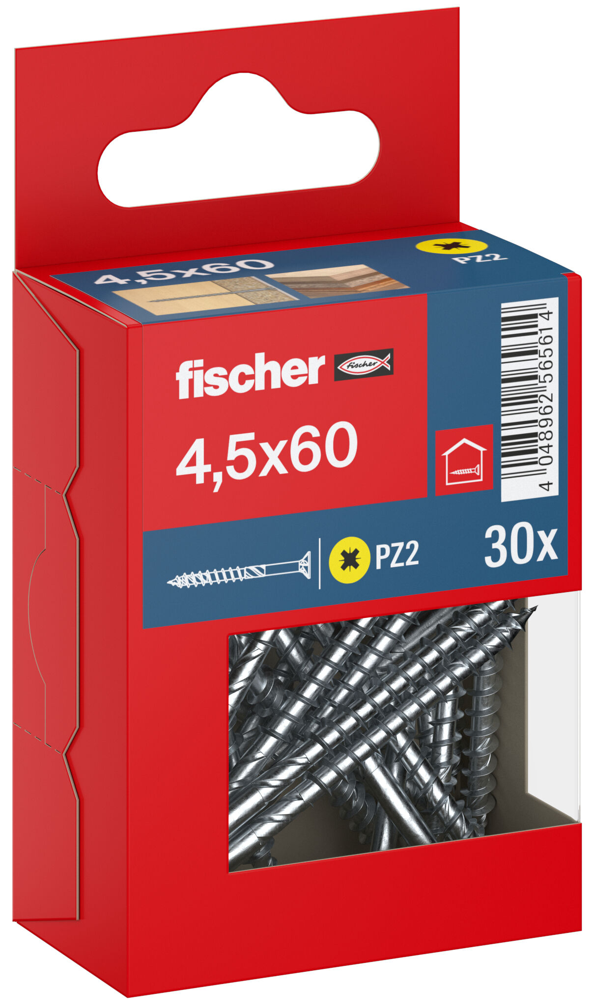 Packaging: "fischer chipboard screw PowerFast FPF II CZP 4.5 x 60 BC 30, countersunk head, cross drive PH, part thread, blue passivated"