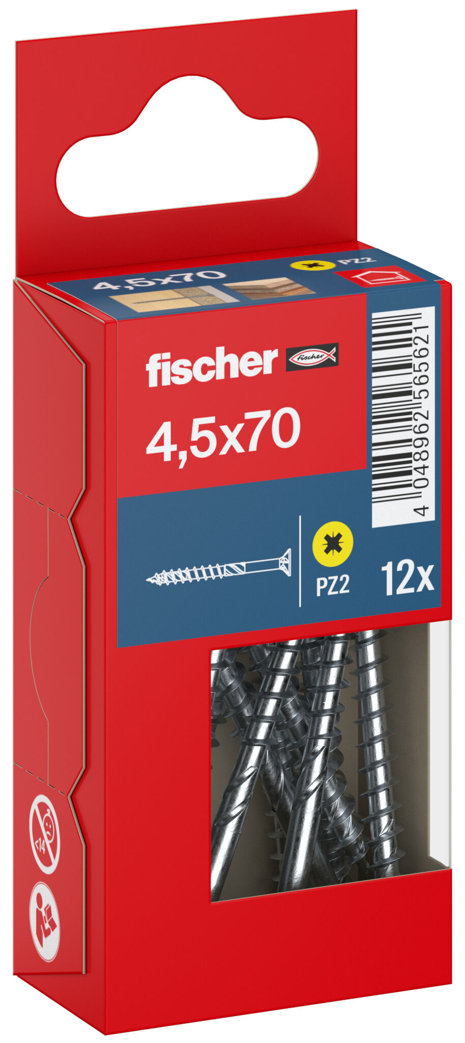 Packaging: "fischer chipboard screw PowerFast FPF II CZP 4.5 x 70 BC 12, countersunk head, cross drive PH, part thread, blue passivated"
