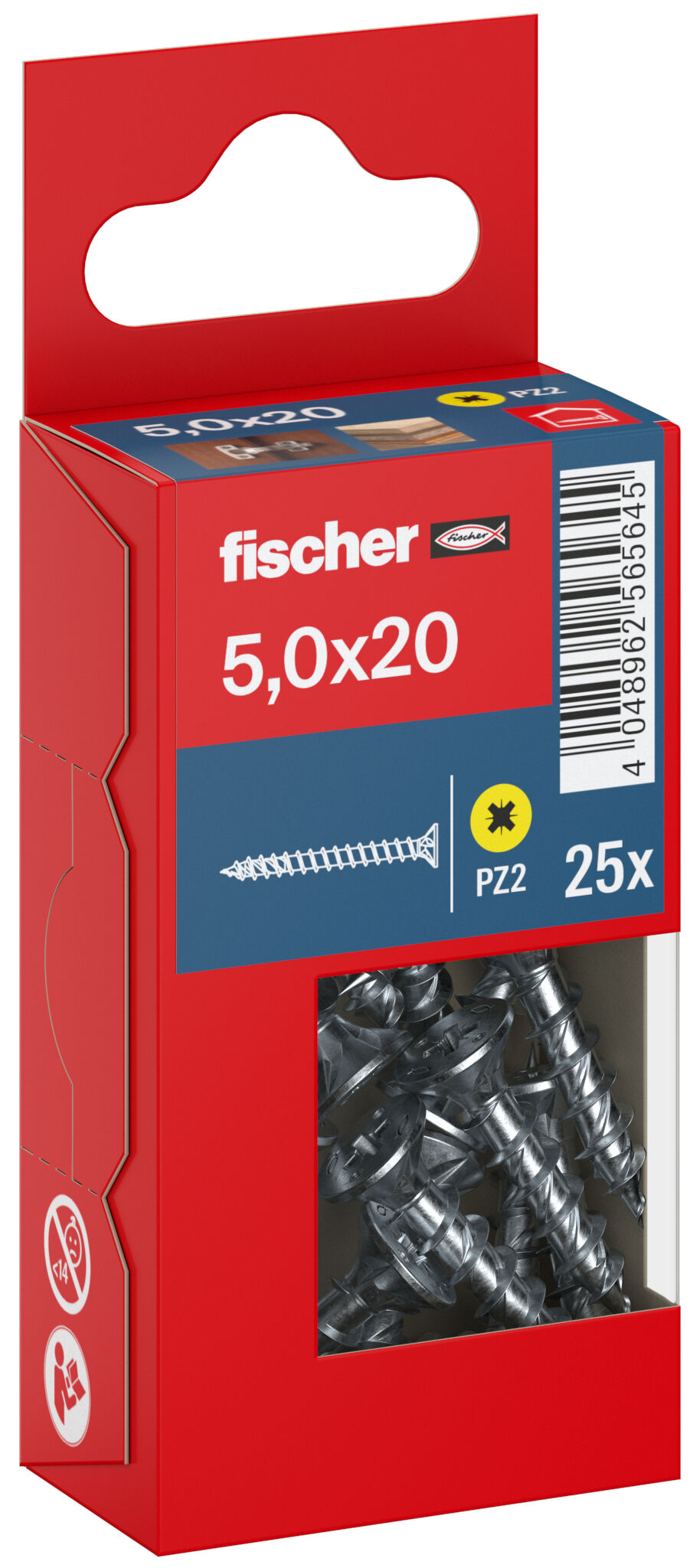 Packaging: "fischer chipboard screw PowerFast FPF II CZF 5.0 x 20 BC 25, countersunk head, cross drive PZ, full thread, blue passivated"