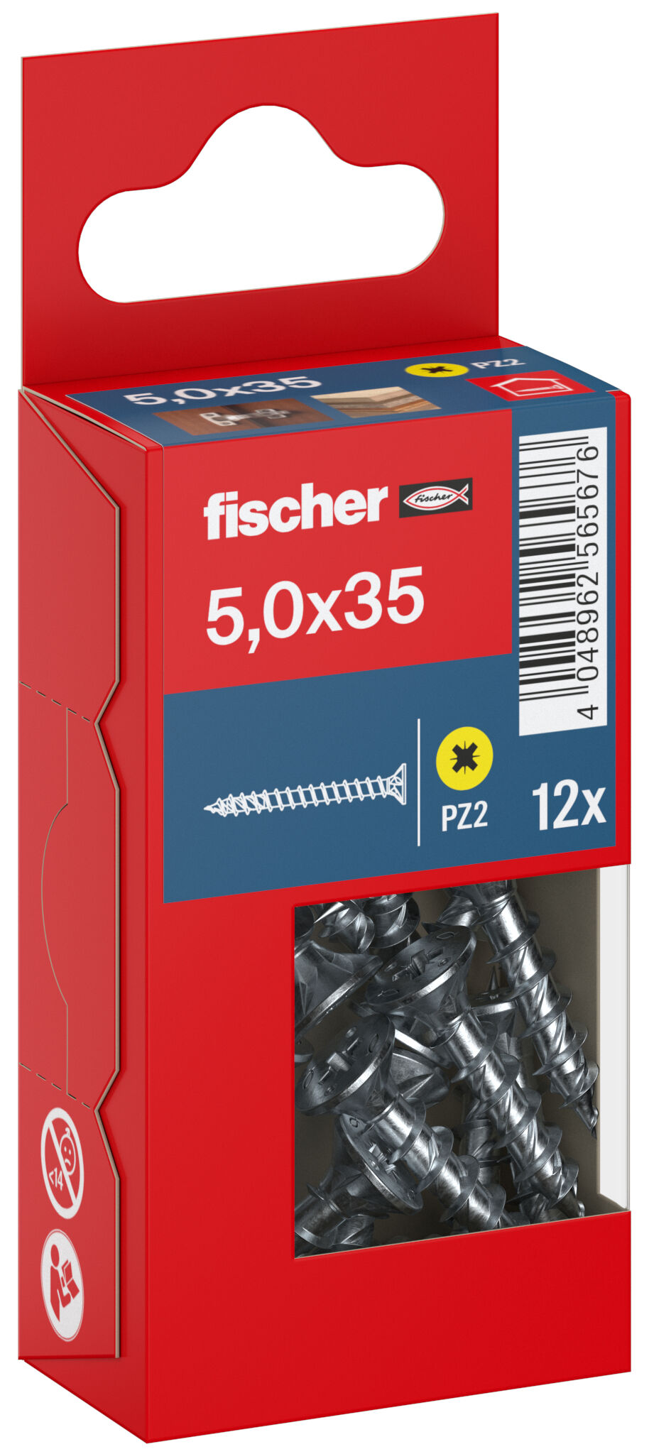 Packaging: "fischer chipboard screw PowerFast FPF II CZF 5.0 x 35 BC 12, countersunk head, cross drive PZ, full thread, blue passivated"