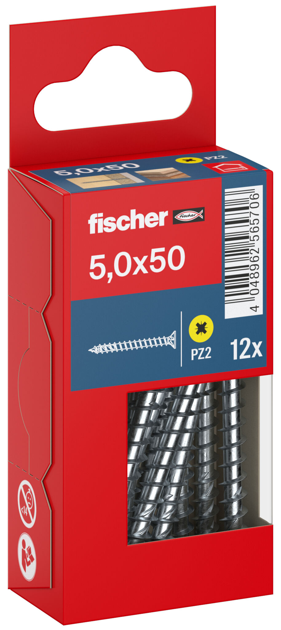 Packaging: "fischer chipboard screw PowerFast FPF II CZF 5.0 x 50 BC 12, countersunk head, cross drive PZ, full thread, blue passivated"