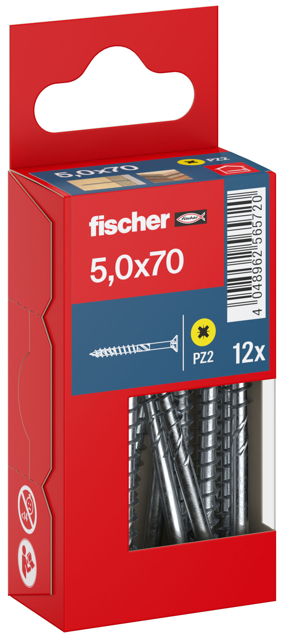 Packaging: "fischer chipboard screw PowerFast FPF II CZP 5.0 x 70 BC 12, countersunk head, cross drive PH, part thread, blue passivated"
