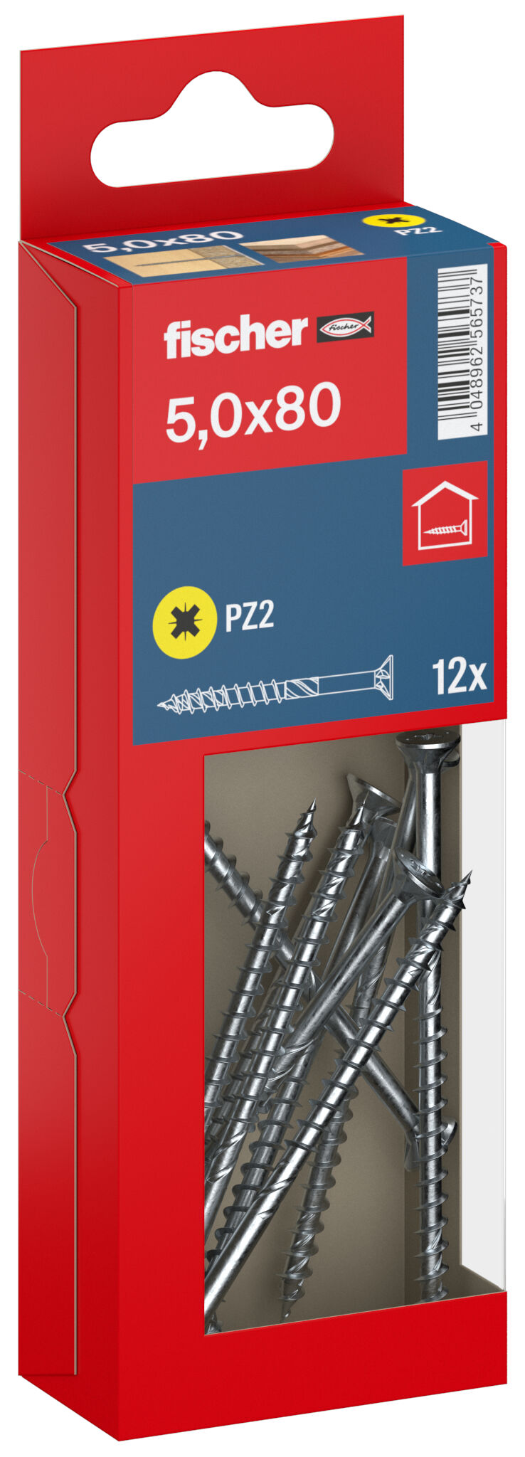 Packaging: "fischer chipboard screw PowerFast FPF II CZP 5.0 x 80 BC 12, countersunk head, cross drive PH, part thread, blue passivated"